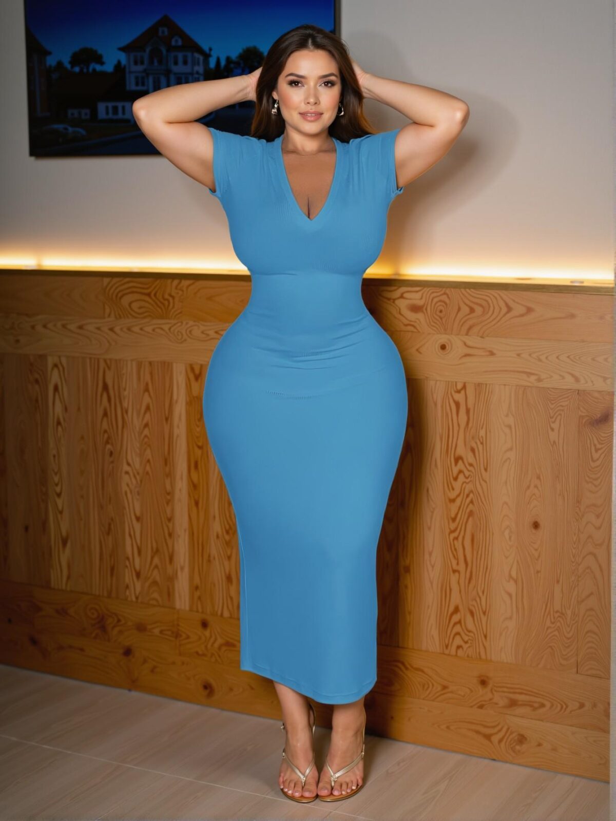 Elegant Blue Bodycon Midi Dress with V-Neck and Short Sleeves - Chic, Classy, and Trendy Fashion Style to Dress to Impress - Image 4