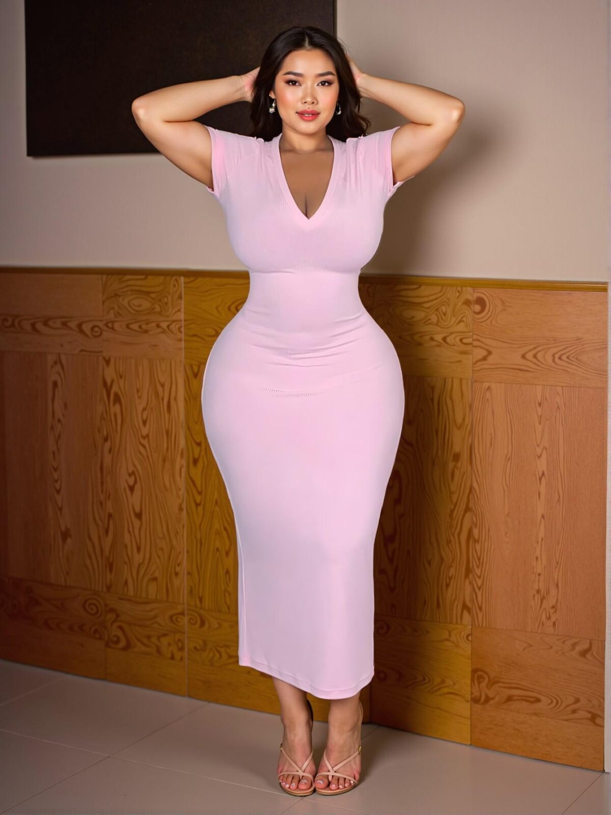 Elegant Pink Bodycon V-Neck Midi Dress with Short Sleeves and Backless Design - Chic, Classy, and Trendy Fashion Style to Dress to Impress - Image 2