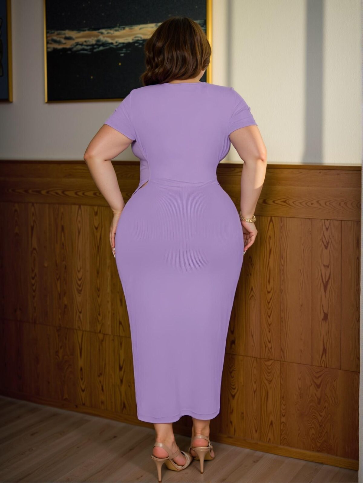 Elegant Mauve Purple Bodycon Midi Dress with Deep V Neck and Short Sleeves - Chic, Classy and Trendy Fashion Style to Dress to Impress - Image 2