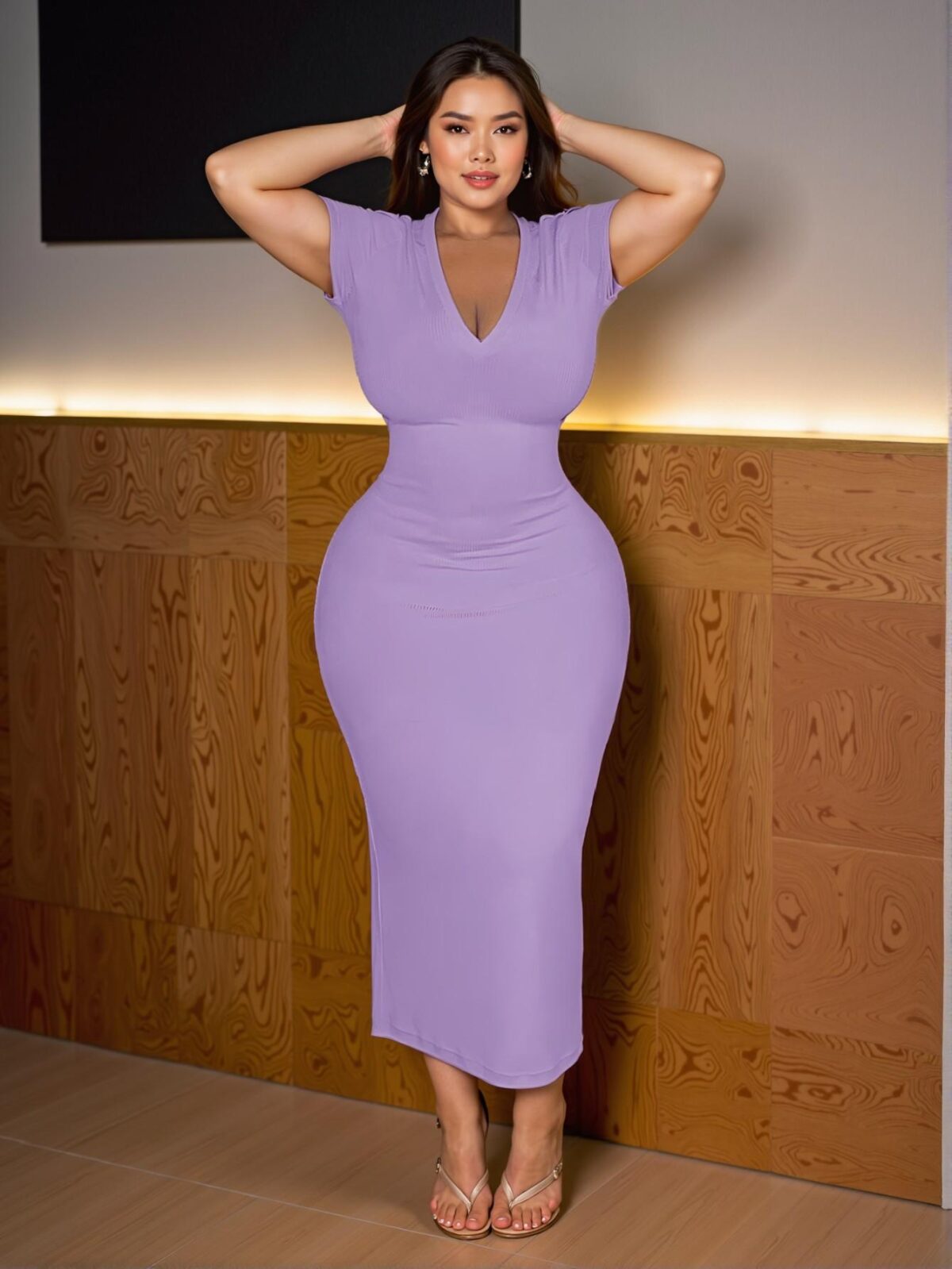 Elegant Mauve Purple Bodycon Midi Dress with Deep V Neck and Short Sleeves - Chic, Classy and Trendy Fashion Style to Dress to Impress - Image 4