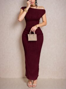 Elegant Burgundy Asymmetrical Off-Shoulder Long Dress with Pleated Details and Slim Fit "Chic, Classy and Trendy Fashion Style to Dress to Impress"