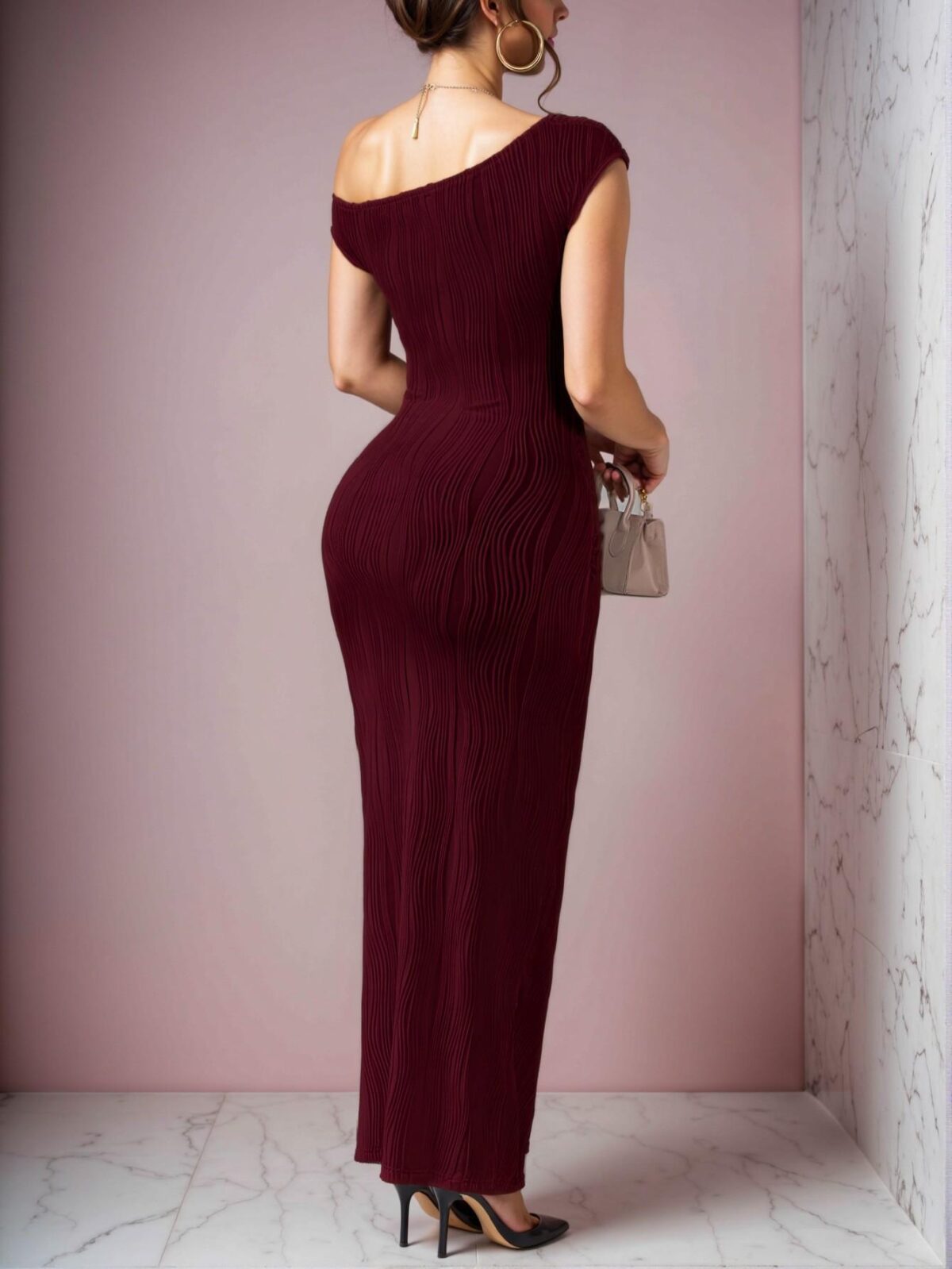 Elegant Burgundy Asymmetrical Off-Shoulder Long Dress with Pleated Details and Slim Fit "Chic, Classy and Trendy Fashion Style to Dress to Impress" - Image 2