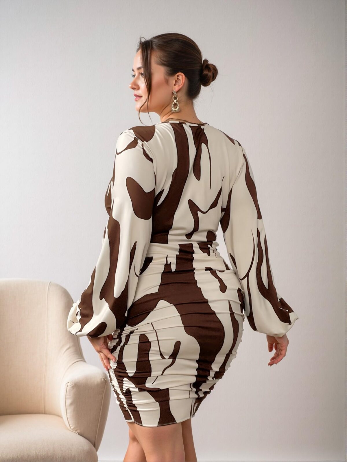 Elegant Brown Long Sleeve Bodycon Dress with Wrap Design and Bishop Sleeves – Chic, Classy and Trendy Fashion Style to Dress to Impress - Image 2