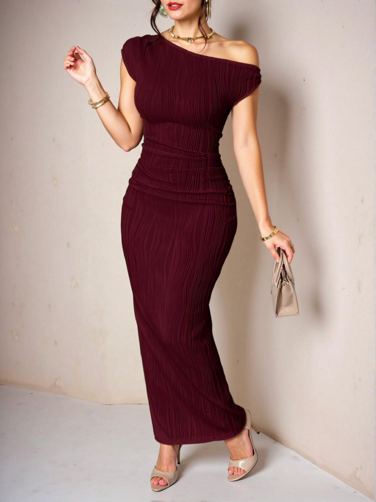 Elegant Burgundy Asymmetrical Off-Shoulder Long Dress with Pleated Details and Slim Fit "Chic, Classy and Trendy Fashion Style to Dress to Impress" - Image 3