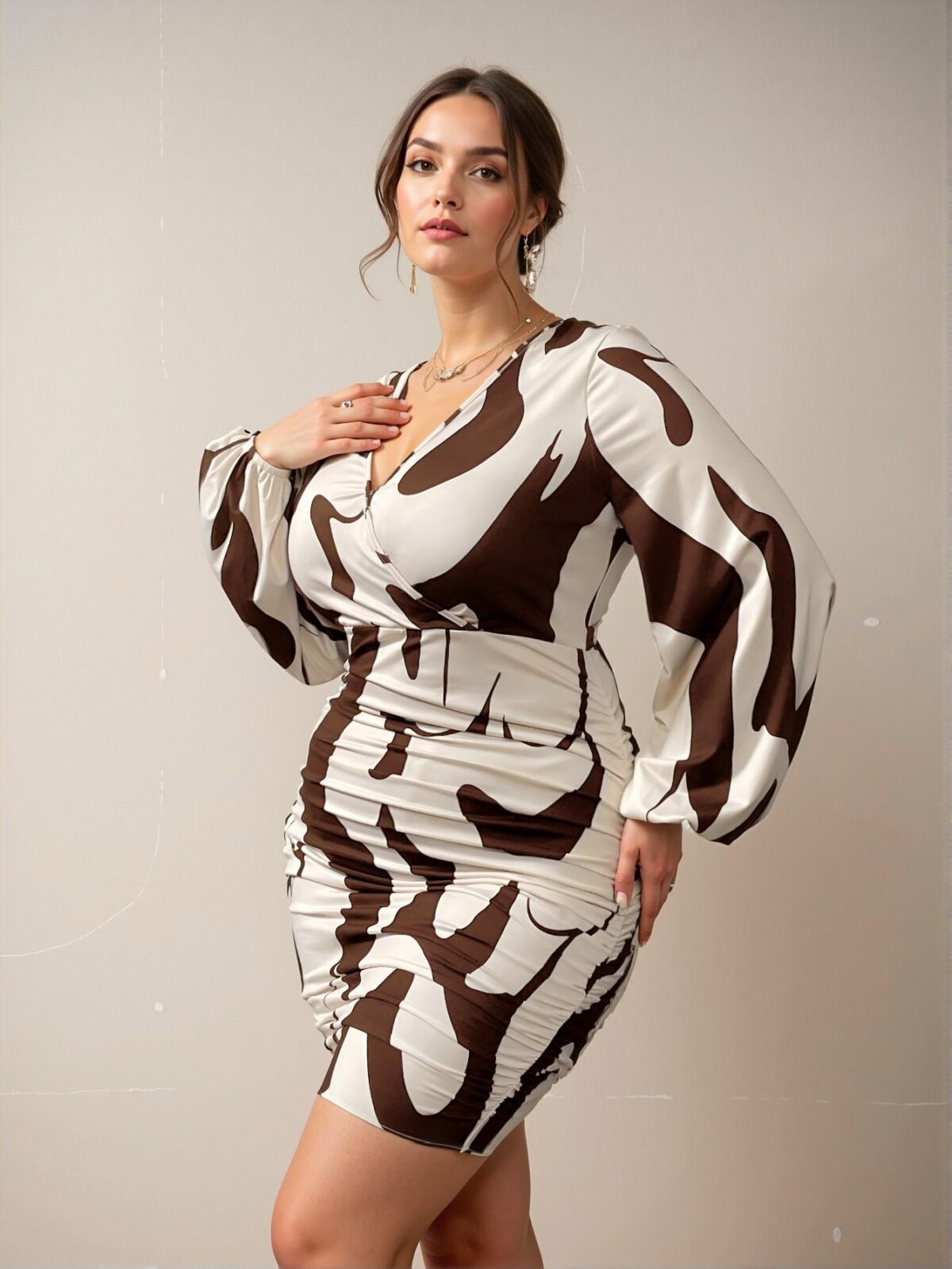 Elegant Brown Long Sleeve Bodycon Dress with Wrap Design and Bishop Sleeves – Chic, Classy and Trendy Fashion Style to Dress to Impress - Image 3