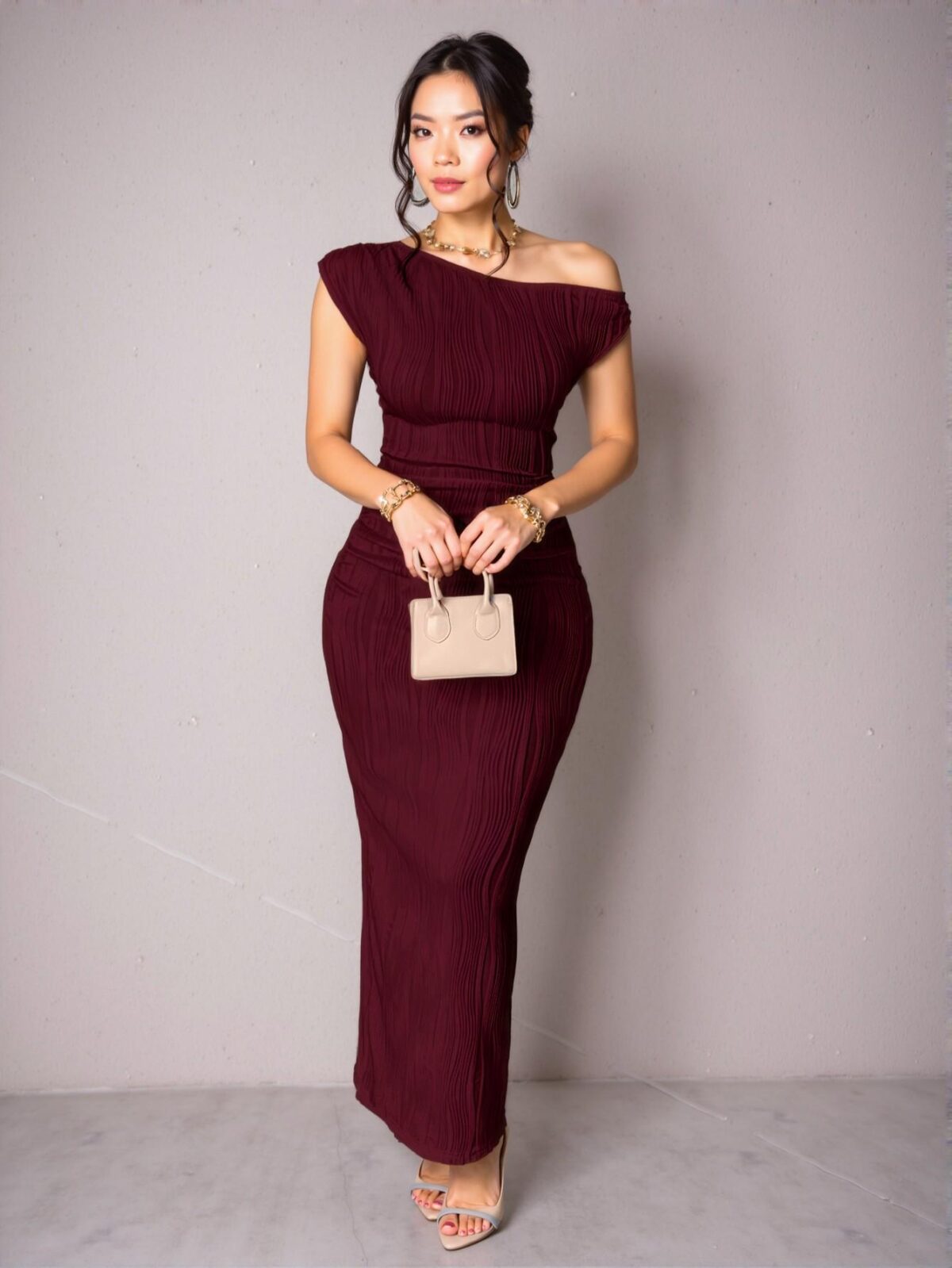 Elegant Burgundy Asymmetrical Off-Shoulder Long Dress with Pleated Details and Slim Fit "Chic, Classy and Trendy Fashion Style to Dress to Impress" - Image 4