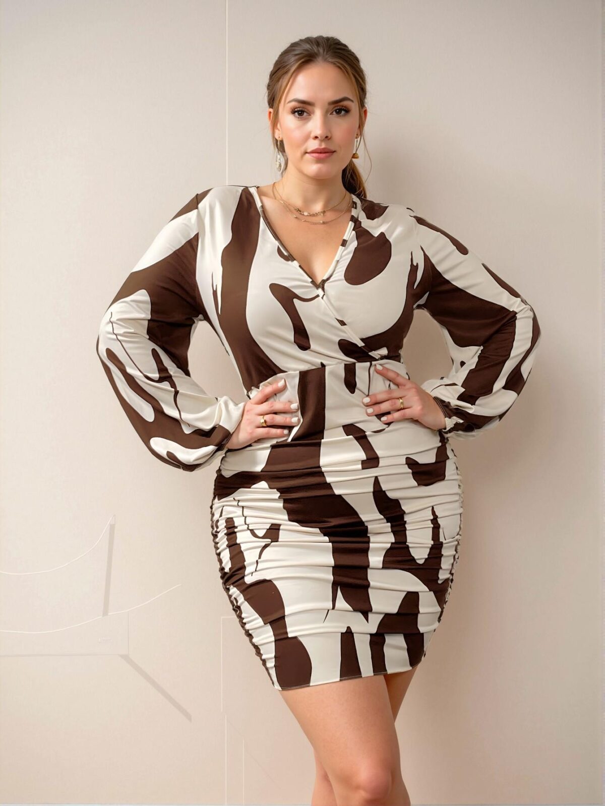 Elegant Brown Long Sleeve Bodycon Dress with Wrap Design and Bishop Sleeves – Chic, Classy and Trendy Fashion Style to Dress to Impress - Image 4