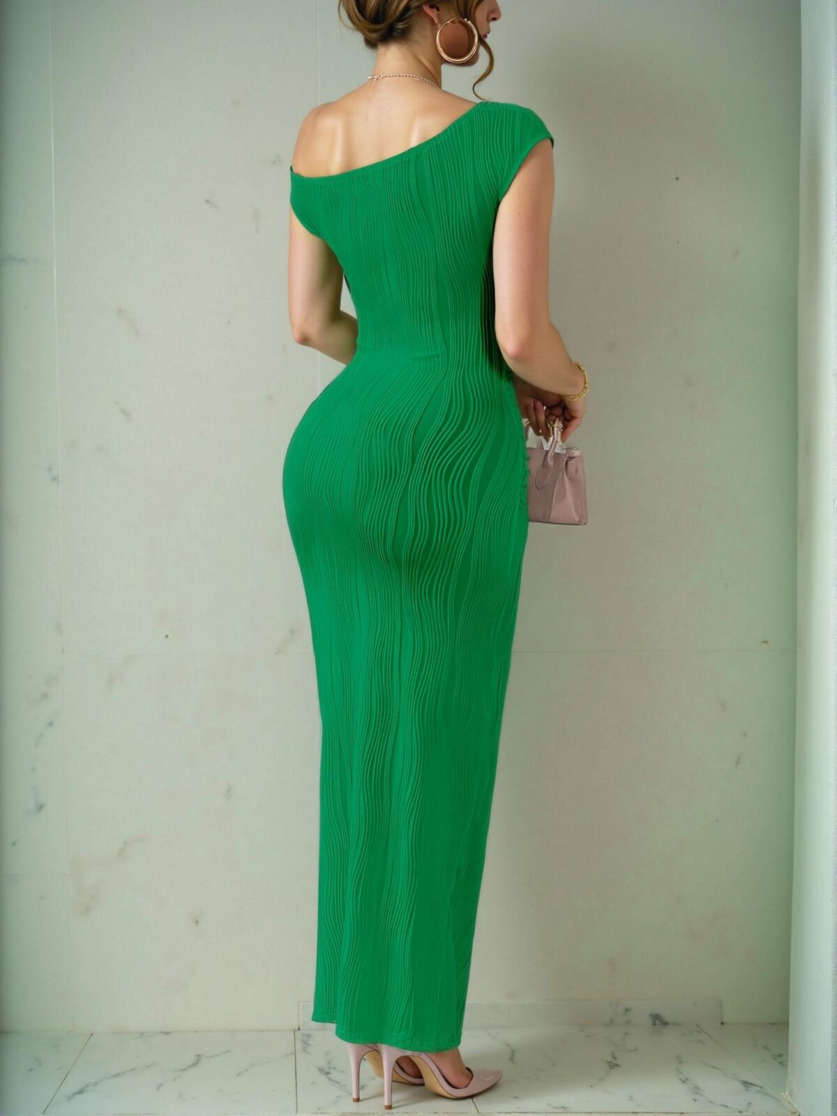 Elegant Green One-Shoulder Off-Shoulder Maxi Dress with Pleated Design in Soft Knitted Fabric for Spring and Summer - Chic, Classy and Trendy Fashion Style to Dress to Impress - Image 2