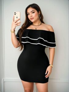 Elegant Black Ruffled Off-Shoulder Bodycon Midi Dress with Contrast Details - Chic, Classy and Trendy Fashion Style to Dress to Impress