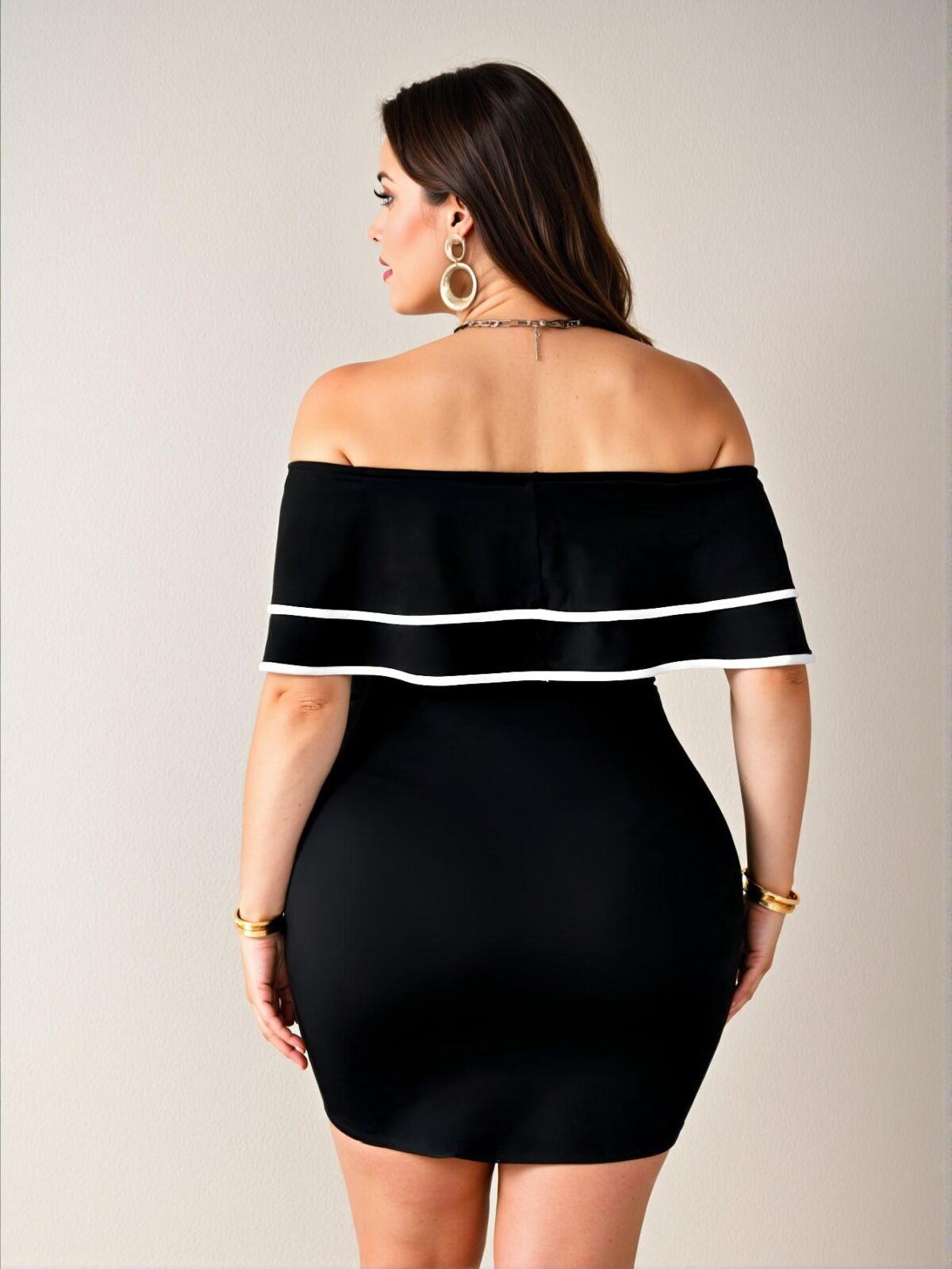 Elegant Black Ruffled Off-Shoulder Bodycon Midi Dress with Contrast Details - Chic, Classy and Trendy Fashion Style to Dress to Impress - Image 2