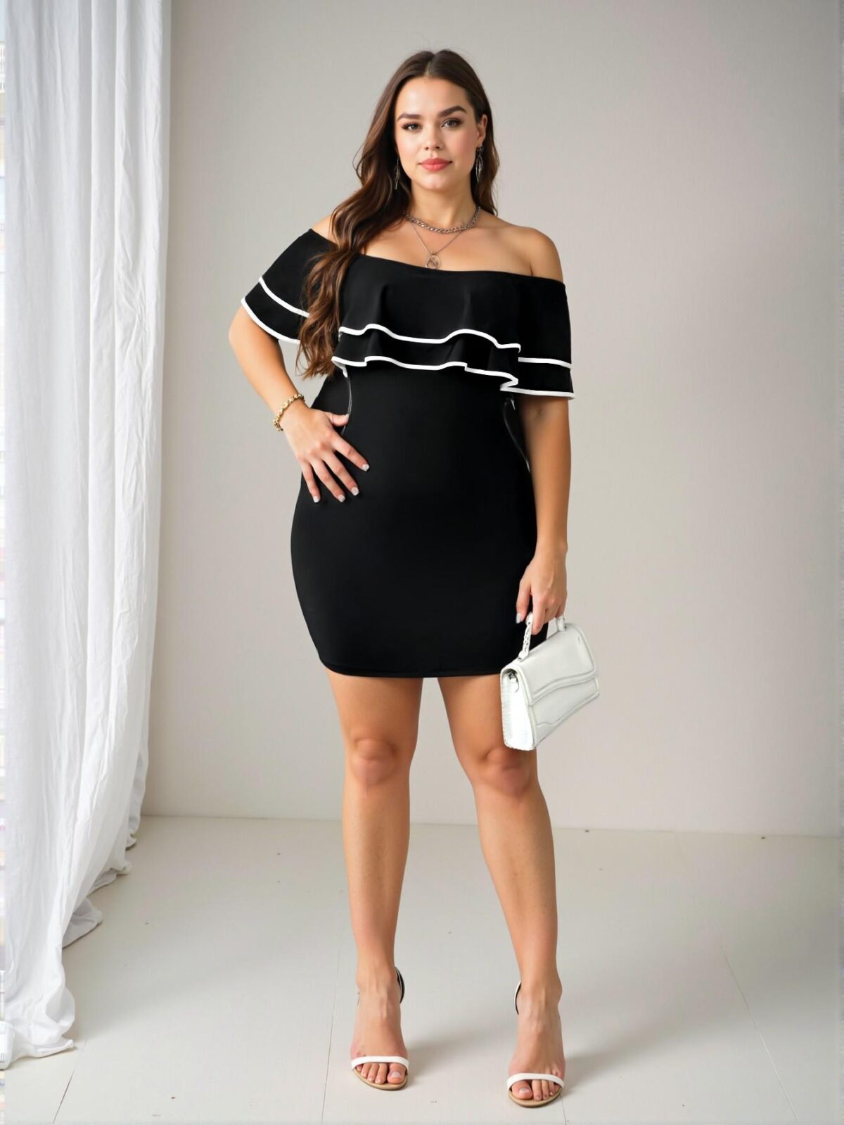 Elegant Black Ruffled Off-Shoulder Bodycon Midi Dress with Contrast Details - Chic, Classy and Trendy Fashion Style to Dress to Impress - Image 4