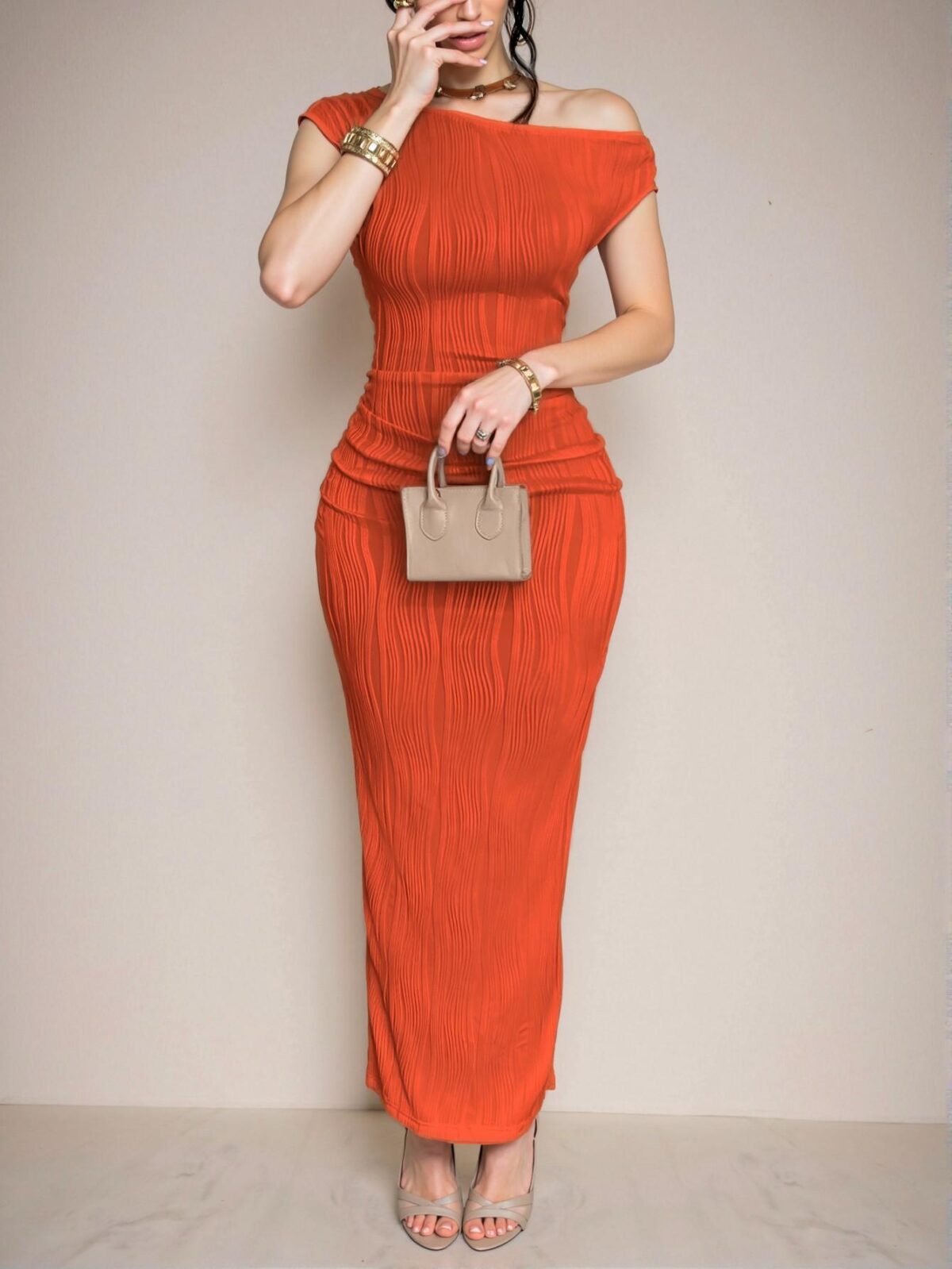 Elegant Orange One-Shoulder Front Pleated Maxi Dress with Wavy Texture for Spring and Summer – Chic, Classy, and Trendy Fashion Style to Dress to Impress