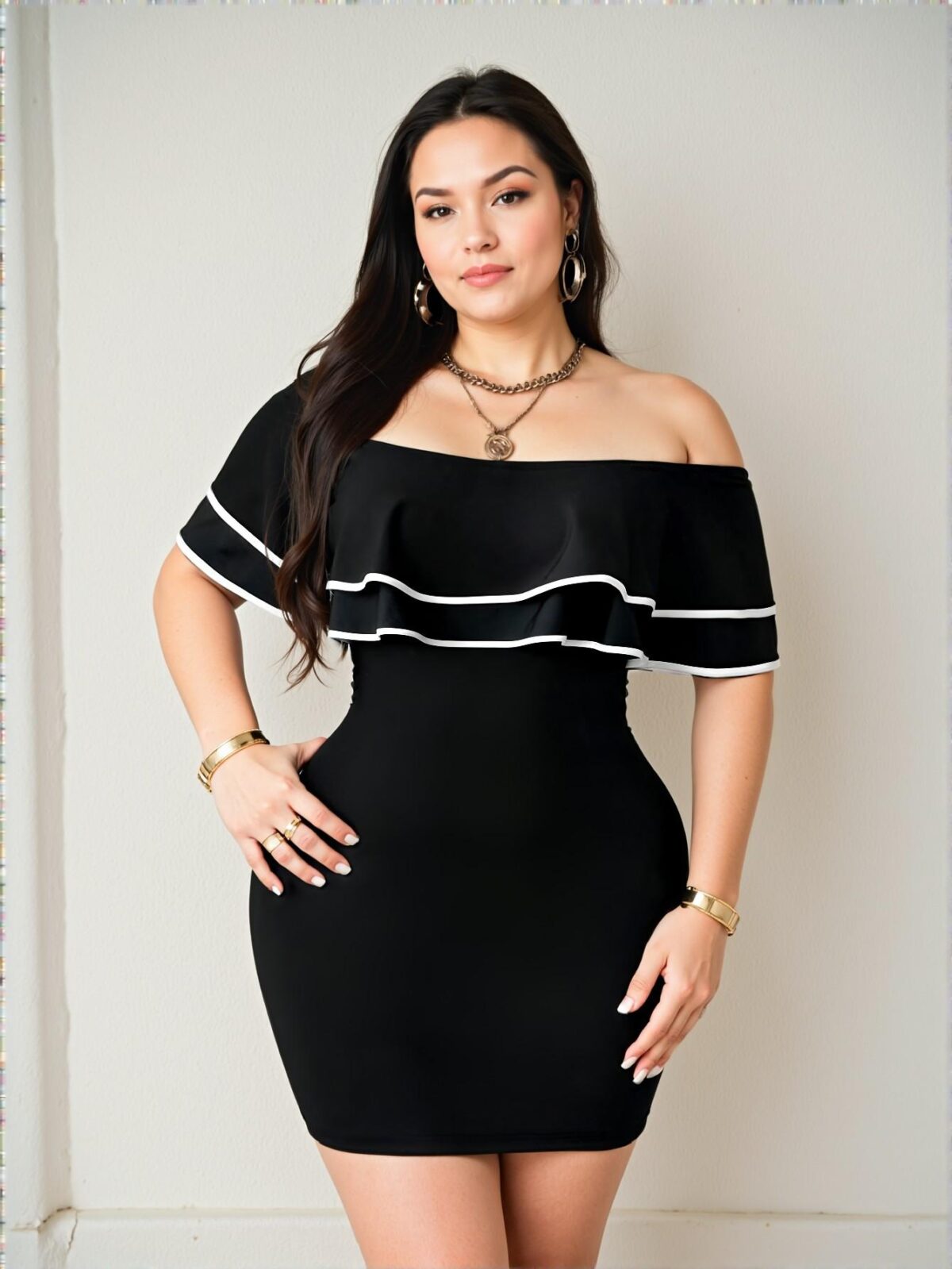 Elegant Black Ruffled Off-Shoulder Bodycon Midi Dress with Contrast Details - Chic, Classy and Trendy Fashion Style to Dress to Impress - Image 5