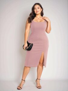 Elegant Dusty Pink Fitted Midi Dress with Square Neck and Side Slit for a Stylish Summer Look - Chic, Classy and Trendy Fashion Style to Dress to Impress