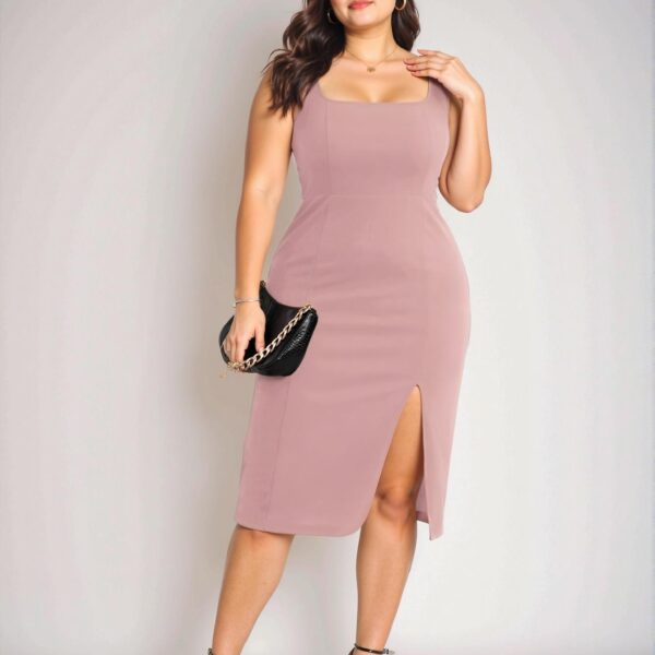 Elegant Dusty Pink Fitted Midi Dress with Square Neck and Side Slit for a Stylish Summer Look - Chic, Classy and Trendy Fashion Style to Dress to Impress