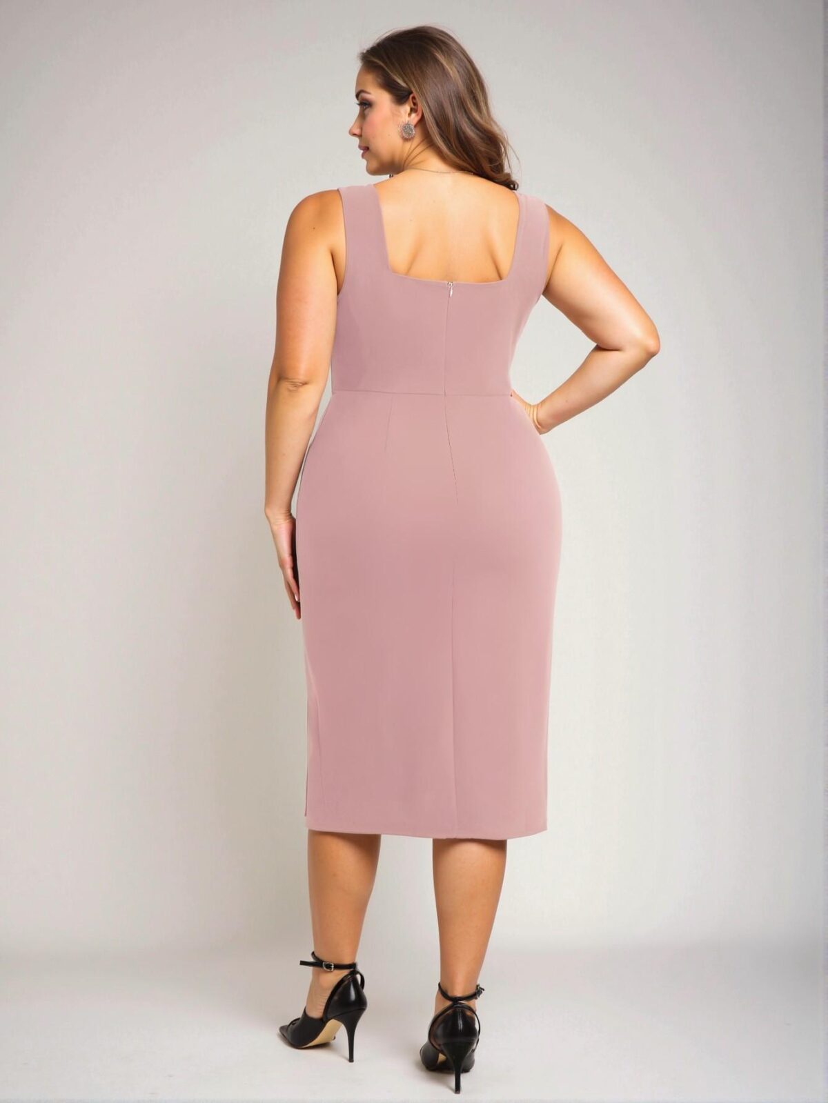 Elegant Dusty Pink Fitted Midi Dress with Square Neck and Side Slit for a Stylish Summer Look - Chic, Classy and Trendy Fashion Style to Dress to Impress - Image 2