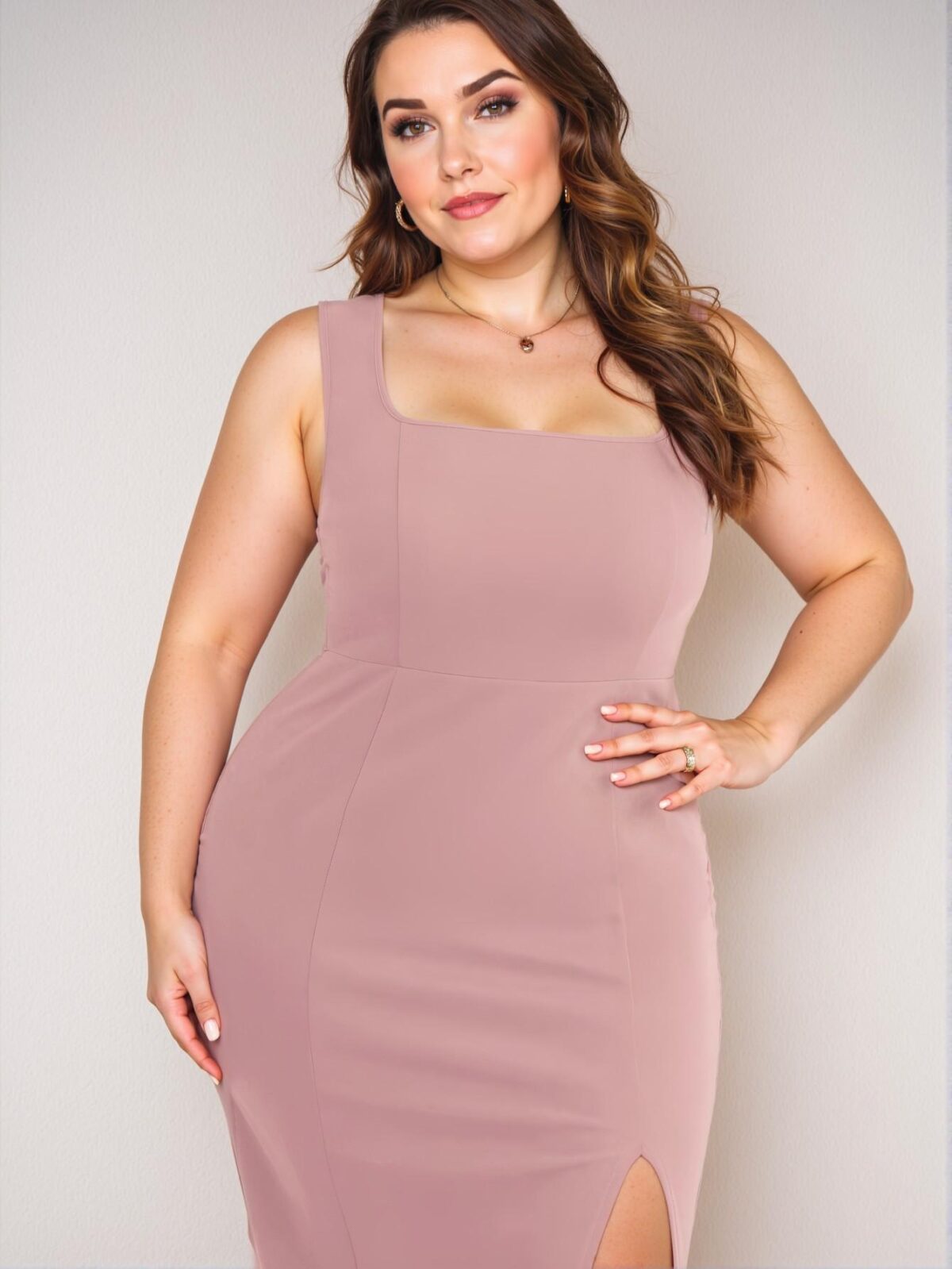 Elegant Dusty Pink Fitted Midi Dress with Square Neck and Side Slit for a Stylish Summer Look - Chic, Classy and Trendy Fashion Style to Dress to Impress - Image 5