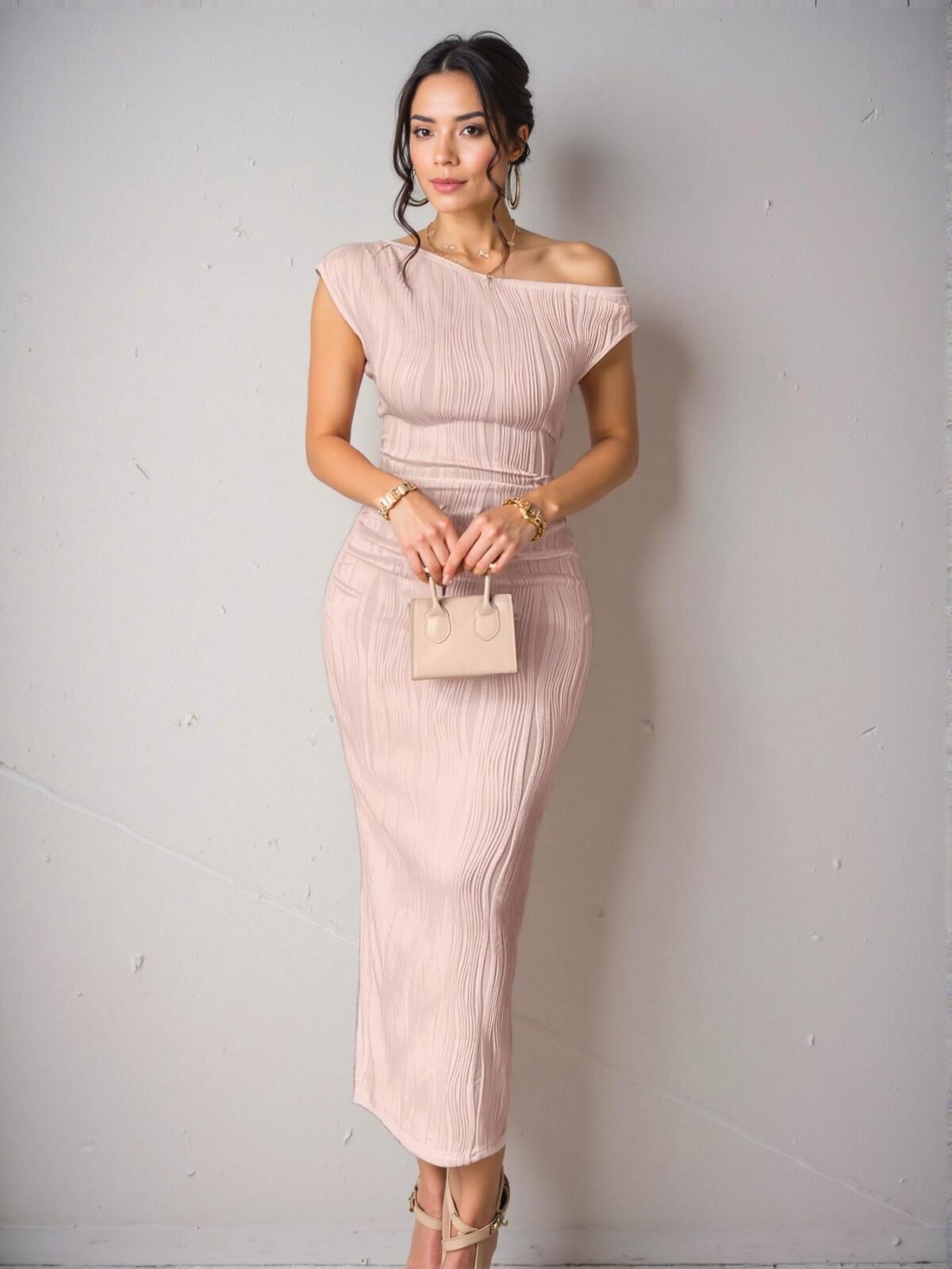 Elegant Pink Asymmetrical One-Shoulder Slim-Fit Maxi Dress with Textured Wavy Fabric for Parties and Casual Dates - Chic, Classy and Trendy Fashion Style to Dress to Impress - Image 4