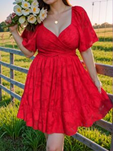 Elegant Red Flounce-Hem V-Neck Jacquard Dress for Celebrations and Beach Getaways - Chic, Classy, and Trendy Fashion Style to Dress to Impress