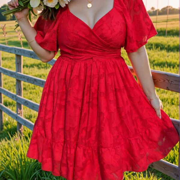 Elegant Red Flounce-Hem V-Neck Jacquard Dress for Celebrations and Beach Getaways - Chic, Classy, and Trendy Fashion Style to Dress to Impress