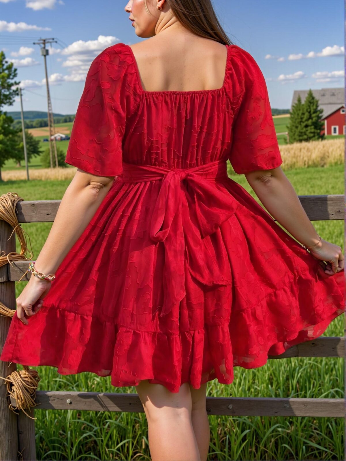 Elegant Red Flounce-Hem V-Neck Jacquard Dress for Celebrations and Beach Getaways - Chic, Classy, and Trendy Fashion Style to Dress to Impress - Image 2