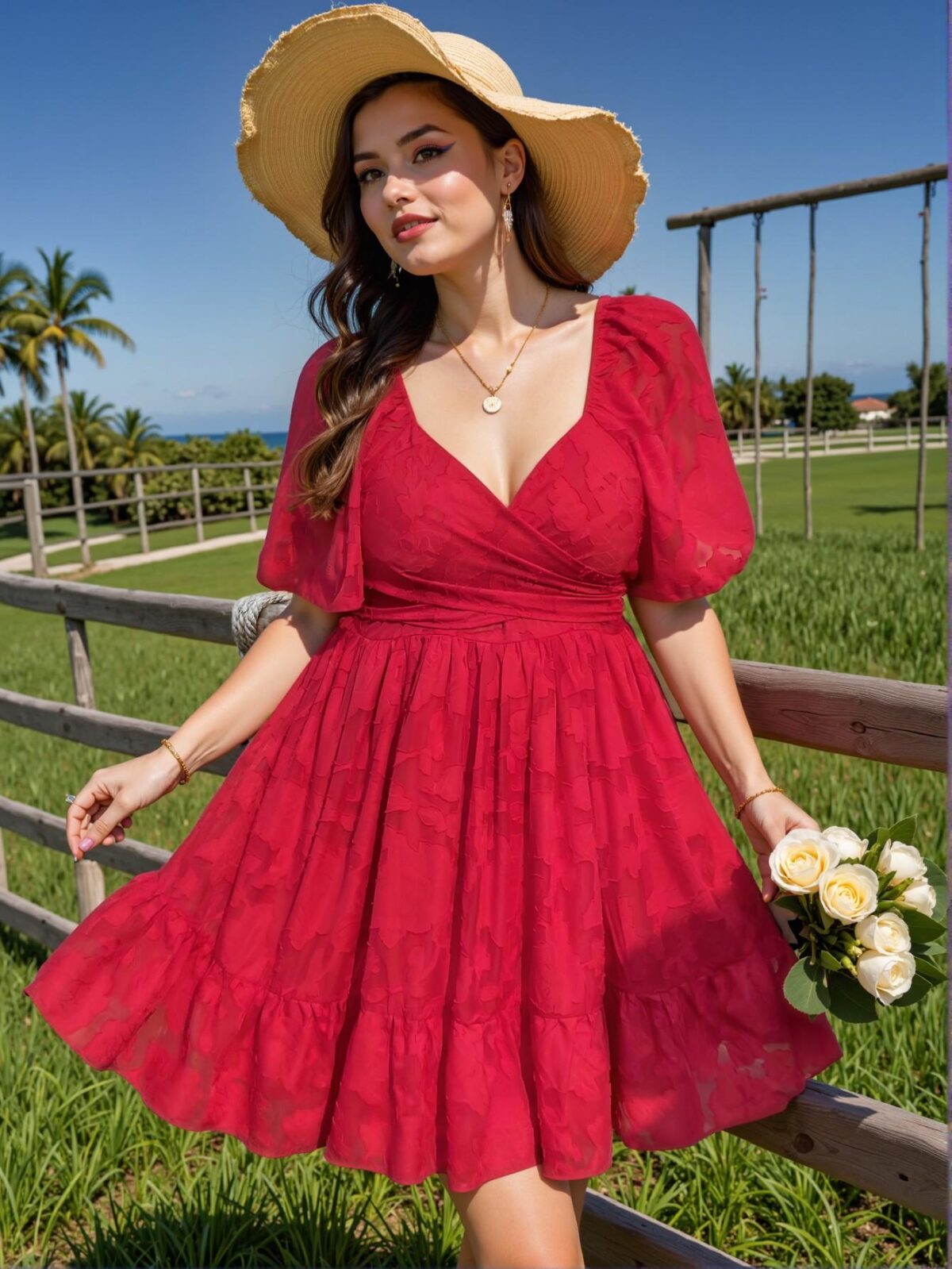 Elegant Red Flounce-Hem V-Neck Jacquard Dress for Celebrations and Beach Getaways - Chic, Classy, and Trendy Fashion Style to Dress to Impress - Image 3