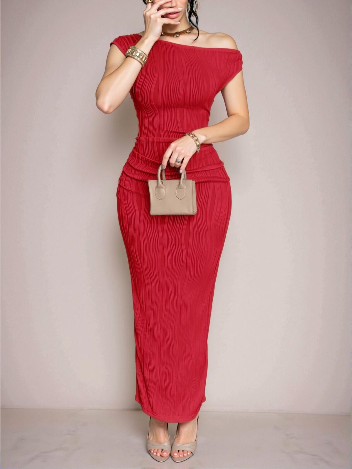 Elegant Red Asymmetrical One-Shoulder Pleated Maxi Dress with Bodycon Fit and Knitted Texture for Spring and Summer - Chic, Classy and Trendy Fashion Style to Dress to Impress
