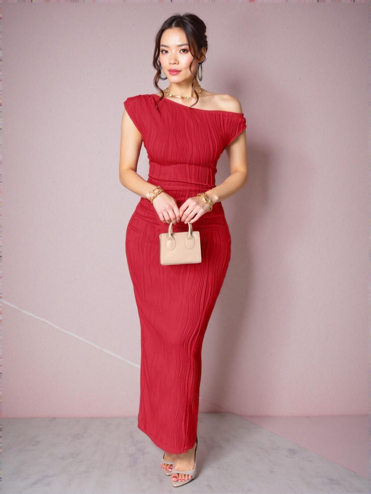 Elegant Red Asymmetrical One-Shoulder Pleated Maxi Dress with Bodycon Fit and Knitted Texture for Spring and Summer - Chic, Classy and Trendy Fashion Style to Dress to Impress - Image 4