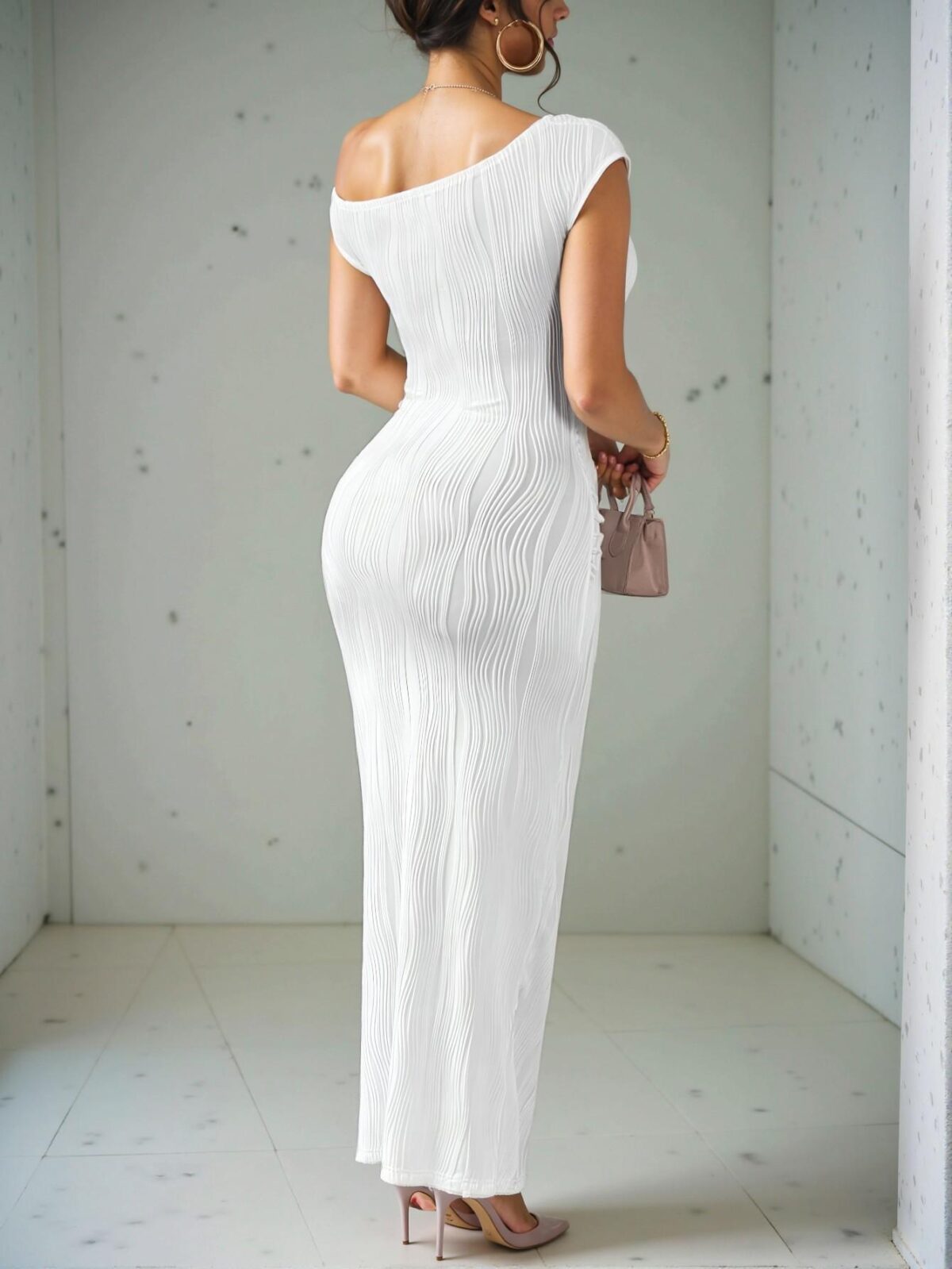 Elegant White One-Shoulder Frill Pleated Maxi Dress with Wavy Textured Knitted Fabric for Spring and Summer - Chic, Classy and Trendy Fashion Style to Dress to Impress - Image 2