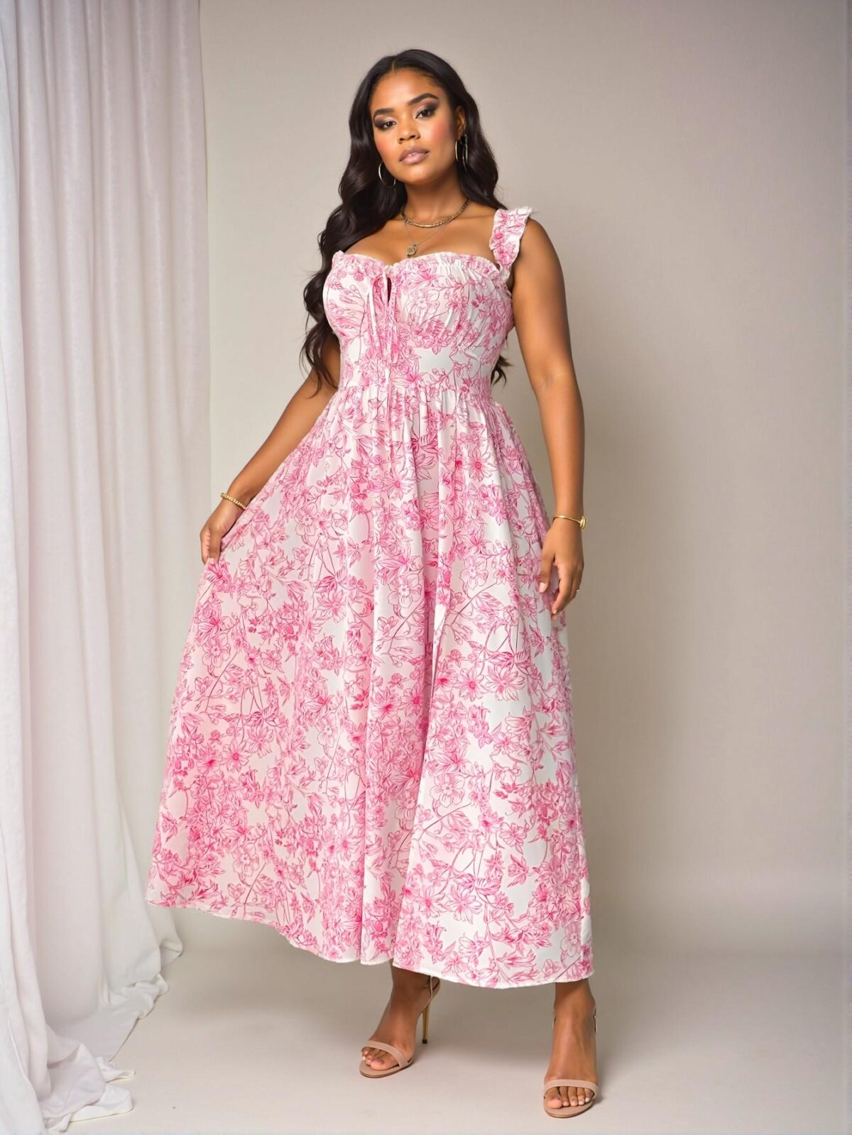 "Stylish Multicolor Floral Print Dress with Ruffle Hem and Side Slit - Chic, Classy and Trendy Fashion Style to Dress to Impress" - Image 4