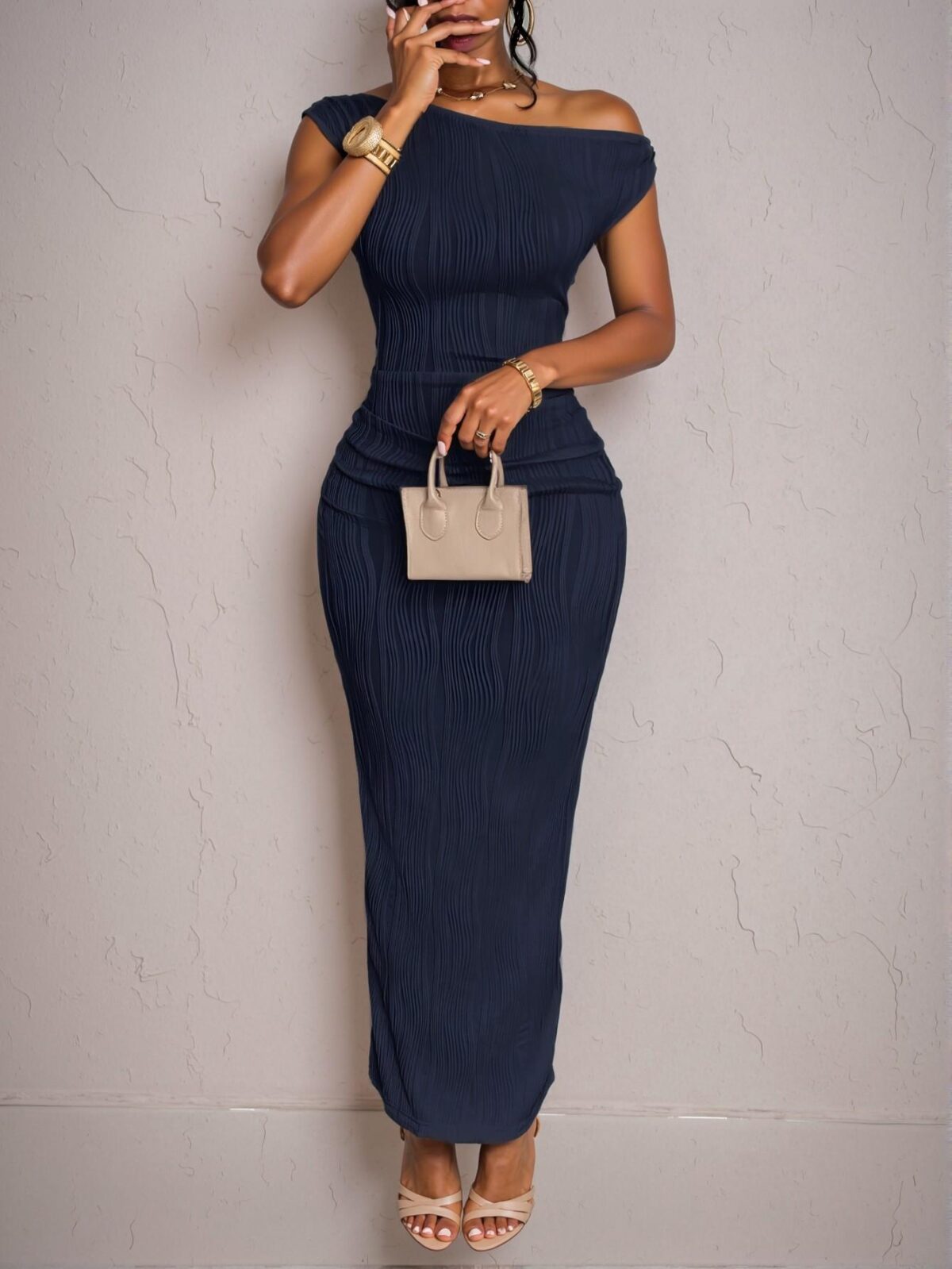 Elegant Navy Blue Asymmetrical One-Shoulder Pleated Slim Maxi Dress in Wavy Texture Knitted Fabric for Spring and Summer - Chic, Classy and Trendy Fashion Style to Dress to Impress