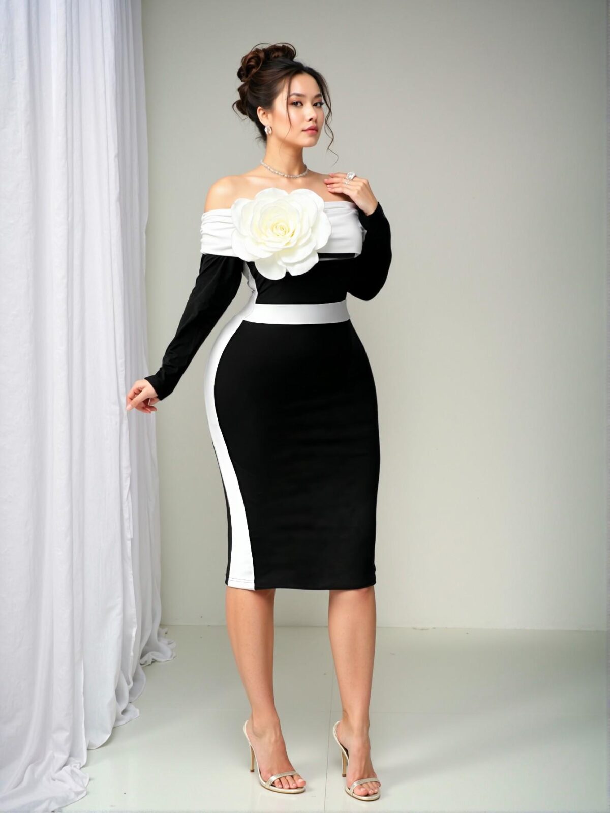 Elegant Black Off-Shoulder Floral Bodycon Dress with Ruffle and Split Details for Spring/Summer - Chic, Classy and Trendy Fashion Style to Dress to Impress - Image 4