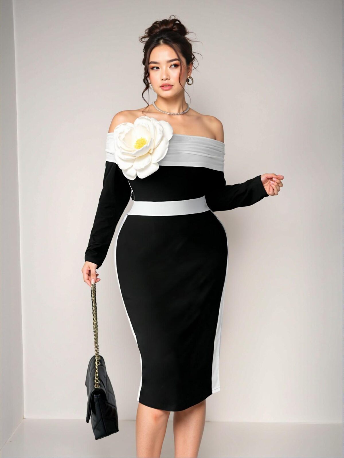 Elegant Black Off-Shoulder Floral Bodycon Dress with Ruffle and Split Details for Spring/Summer - Chic, Classy and Trendy Fashion Style to Dress to Impress - Image 5