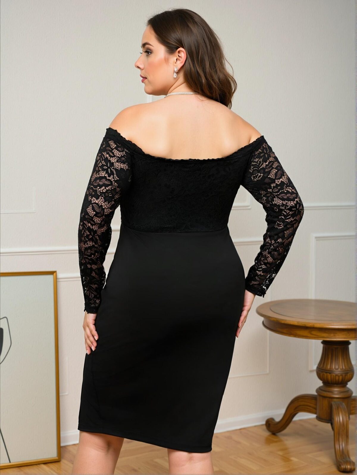 Elegant Black Off-Shoulder Lace Bodycon Dress for Autumn and Winter - Chic, Classy, and Trendy Fashion Style to Dress to Impress - Image 3
