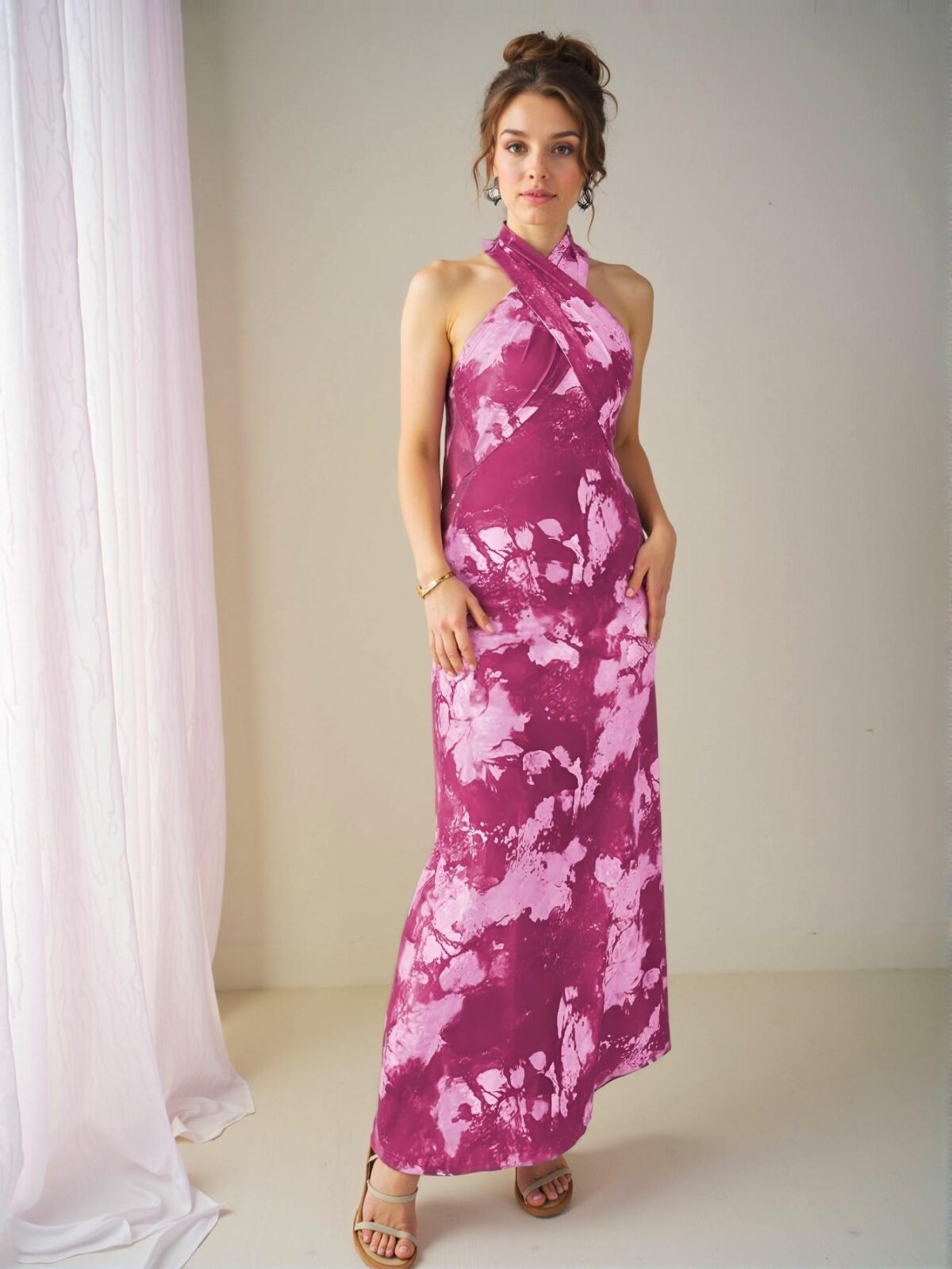 Elegant Hot Pink Marble Tie Dye Print Sleeveless Dress for Spring and Summer – Chic, Classy and Trendy Fashion Style to Dress to Impress - Image 3