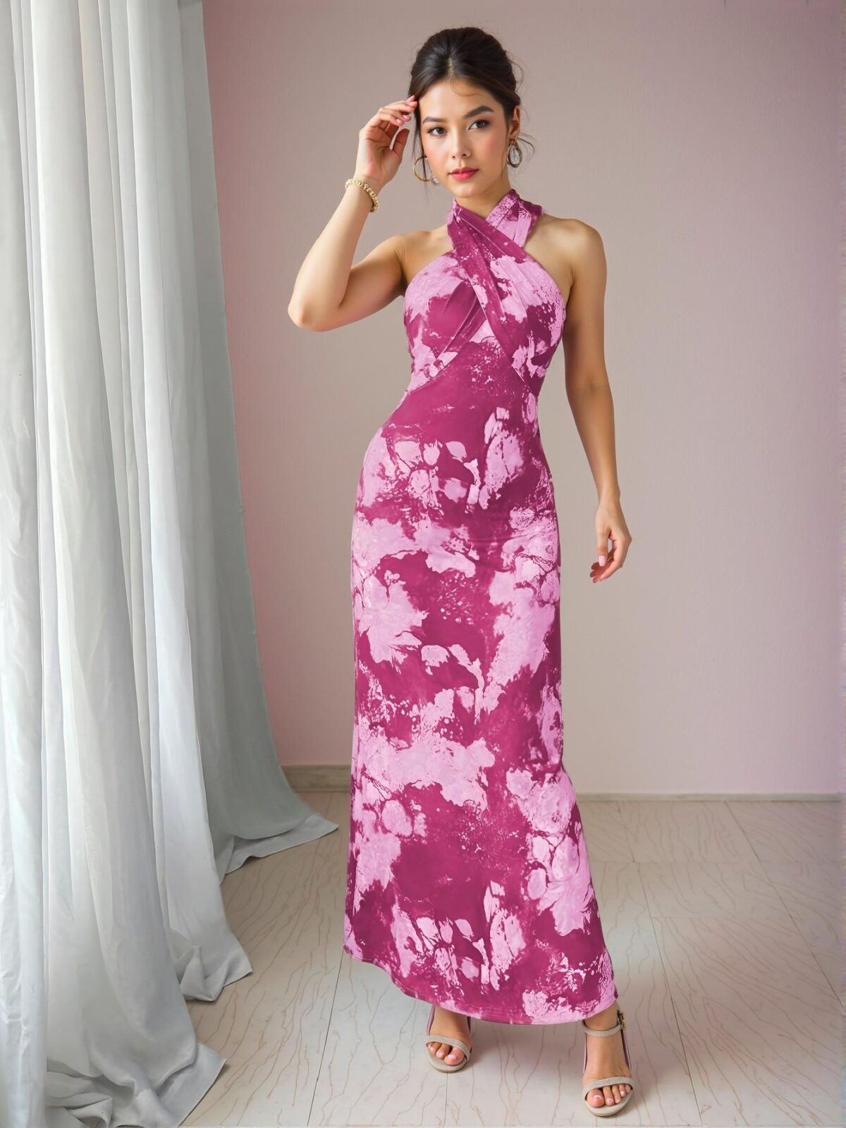 Elegant Hot Pink Marble Tie Dye Print Sleeveless Dress for Spring and Summer – Chic, Classy and Trendy Fashion Style to Dress to Impress - Image 4