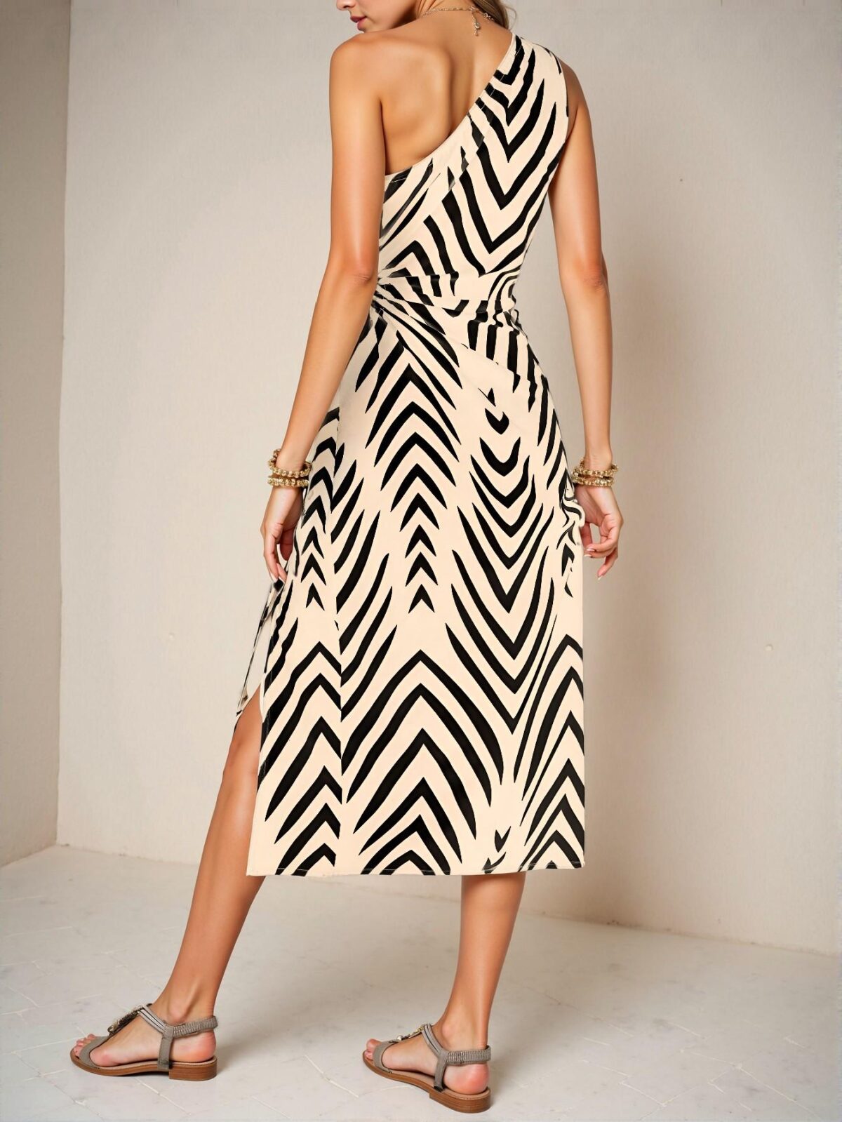 Elegant Apricot Asymmetrical One Shoulder High Slit Casual Dress with Geometric Print and Drawstring Waist – Chic, Classy and Trendy Fashion Style to Dress to Impress - Image 2