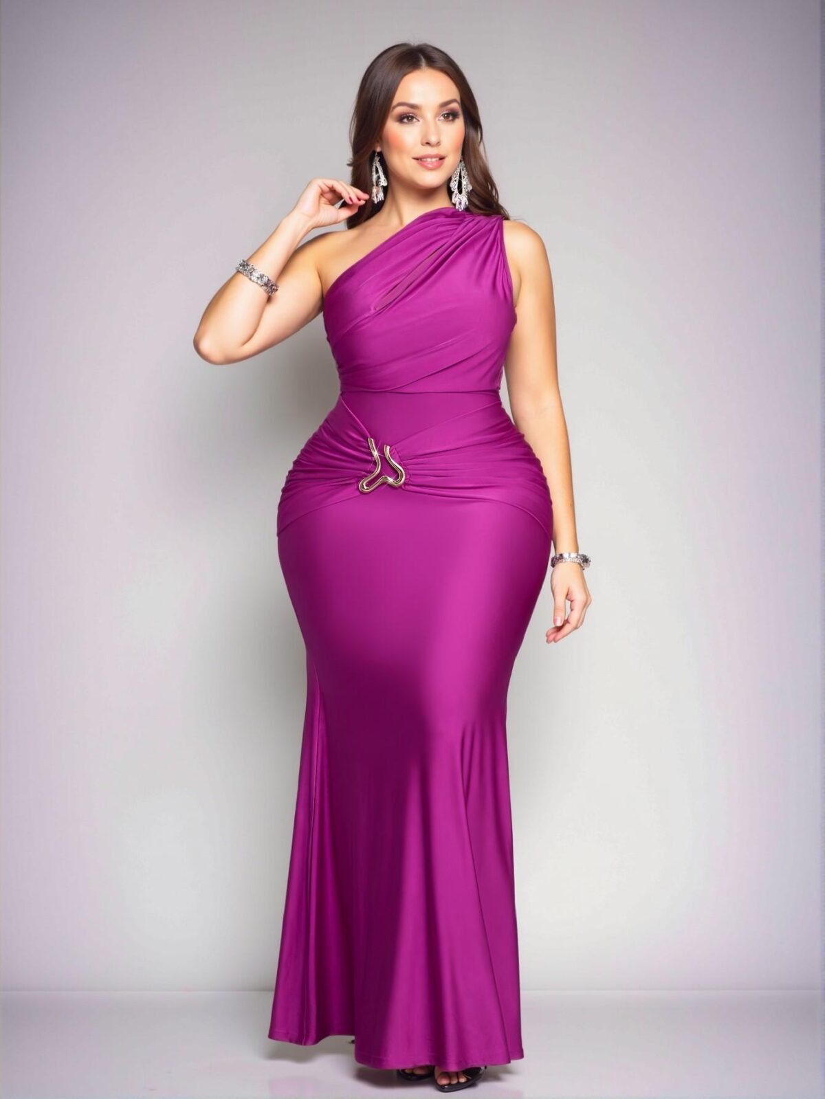 Elegant Purple Asymmetrical Neck Bodycon Maxi Dress with Metal Detailing - Chic, Classy and Trendy Fashion Style to Dress to Impress - Image 3