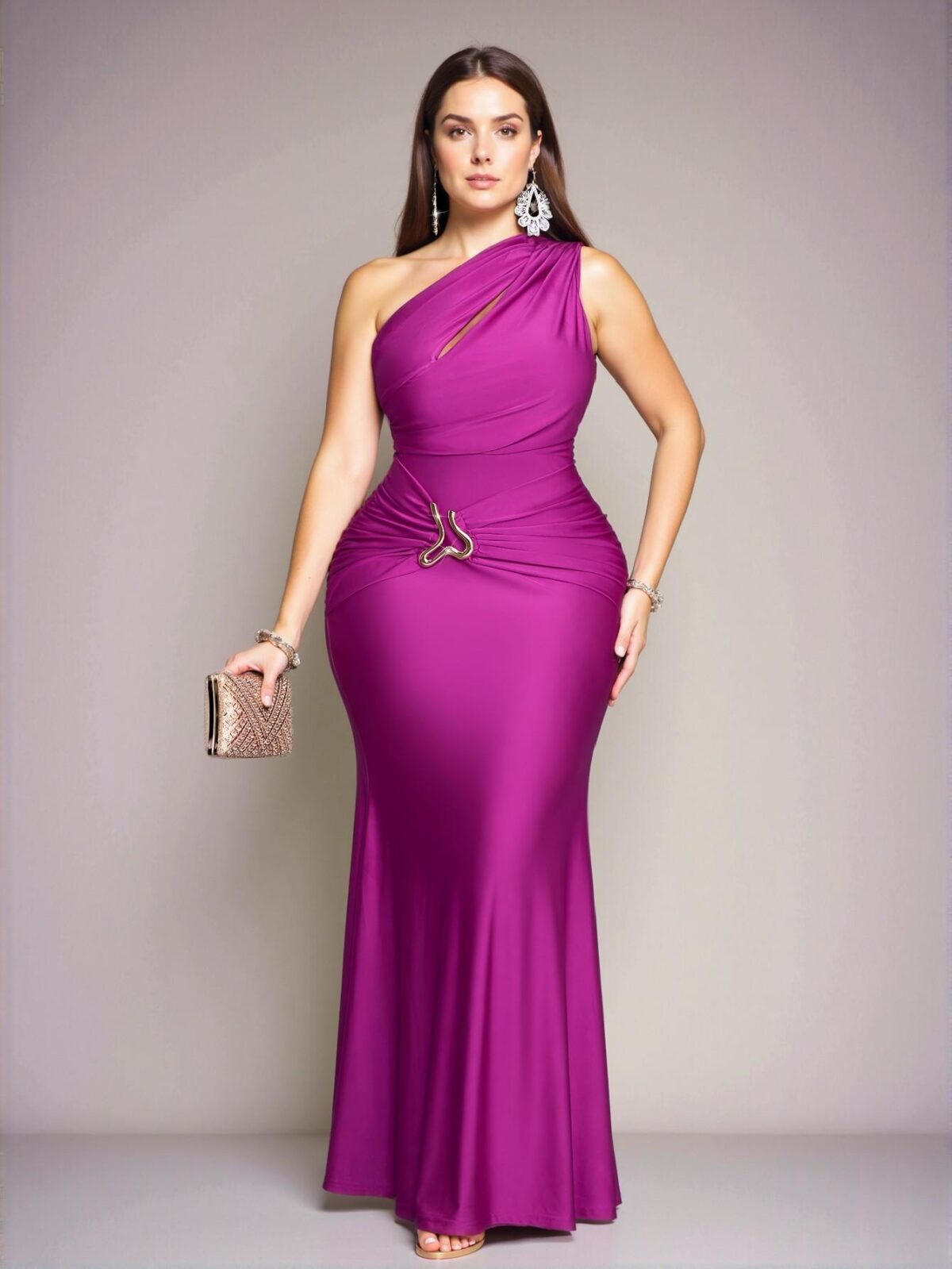 Elegant Purple Asymmetrical Neck Bodycon Maxi Dress with Metal Detailing - Chic, Classy and Trendy Fashion Style to Dress to Impress - Image 4
