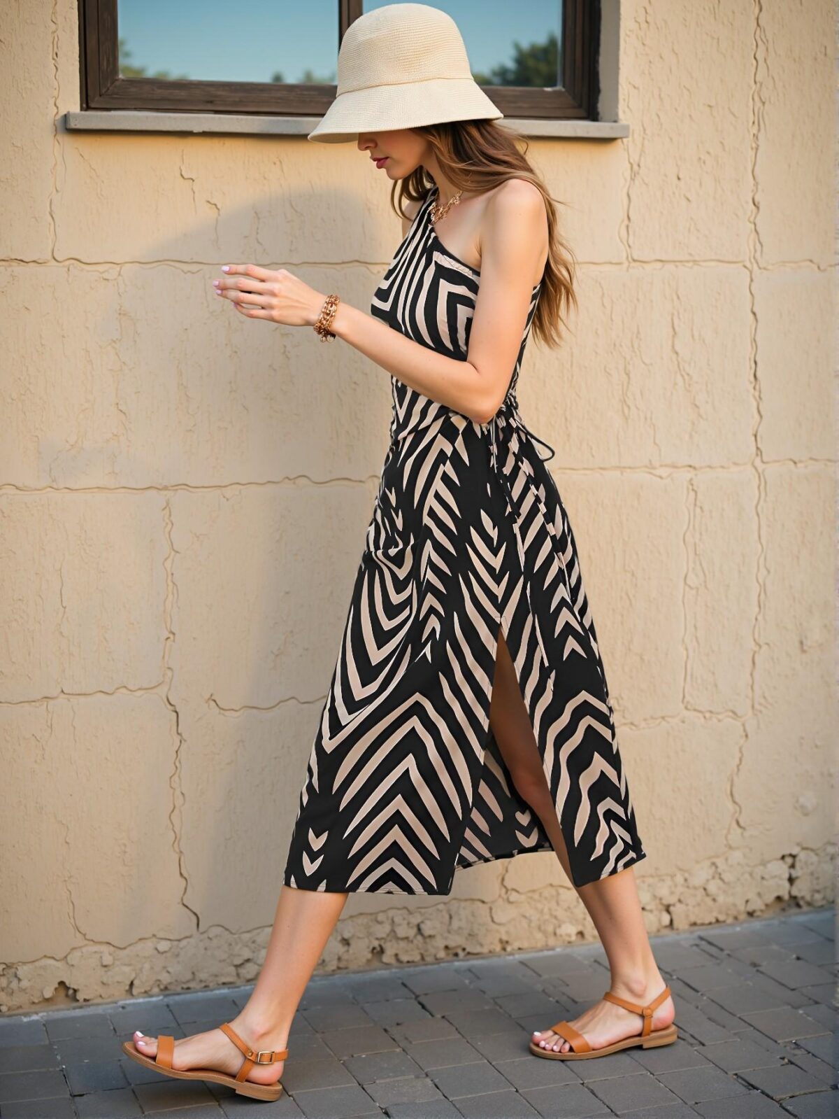 Elegant Black Asymmetrical High Split A-Line Dress with Geometric Print for Summer Holidays and Special Occasions - Chic, Classy and Trendy Fashion Style to Dress to Impress