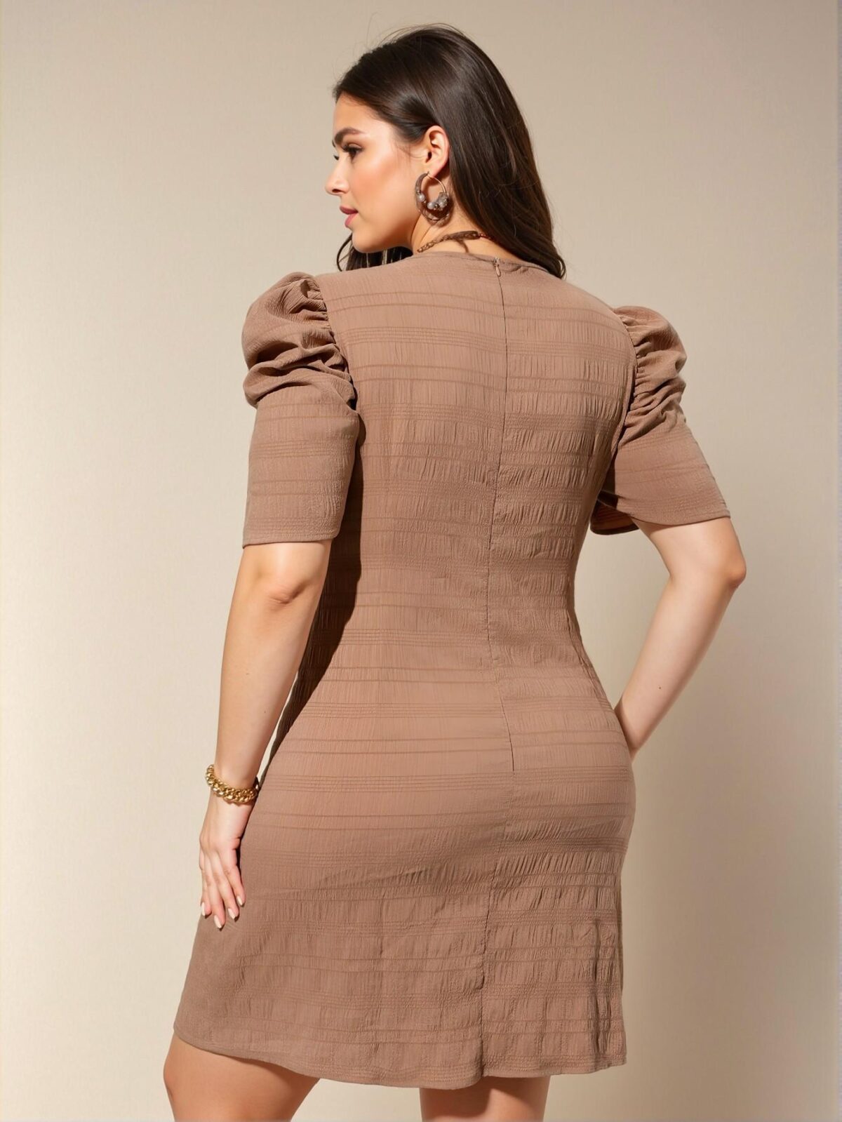 Elegant Khaki Versatile Midi Dress with Cross Wrap V-Neck and Puff Sleeves for Office, Festivals, and Special Occasions – Chic, Classy, and Trendy Fashion Style to Dress to Impress - Image 3