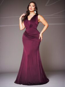 Elegant Purple Stylish Plus Size V-Neck Sleeveless Ruffle Bodycon Dress Chic, Classy and Trendy Fashion Style to Dress to Impress
