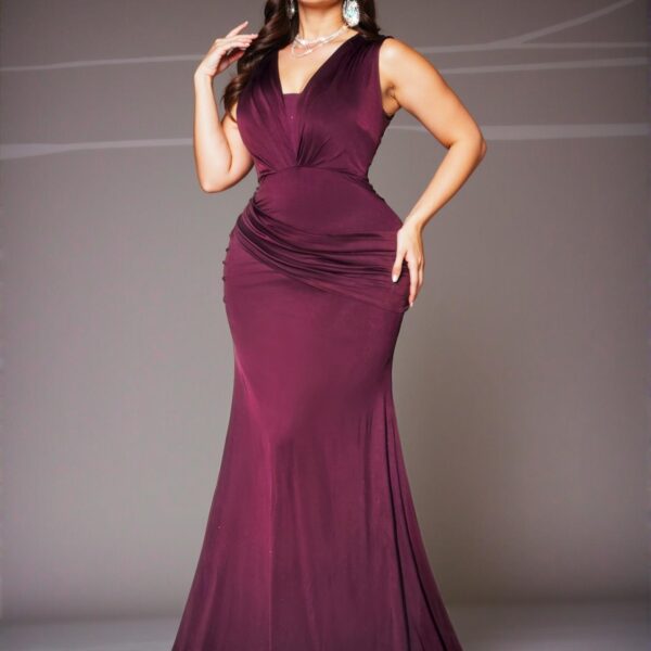 Elegant Purple Stylish Plus Size V-Neck Sleeveless Ruffle Bodycon Dress Chic, Classy and Trendy Fashion Style to Dress to Impress