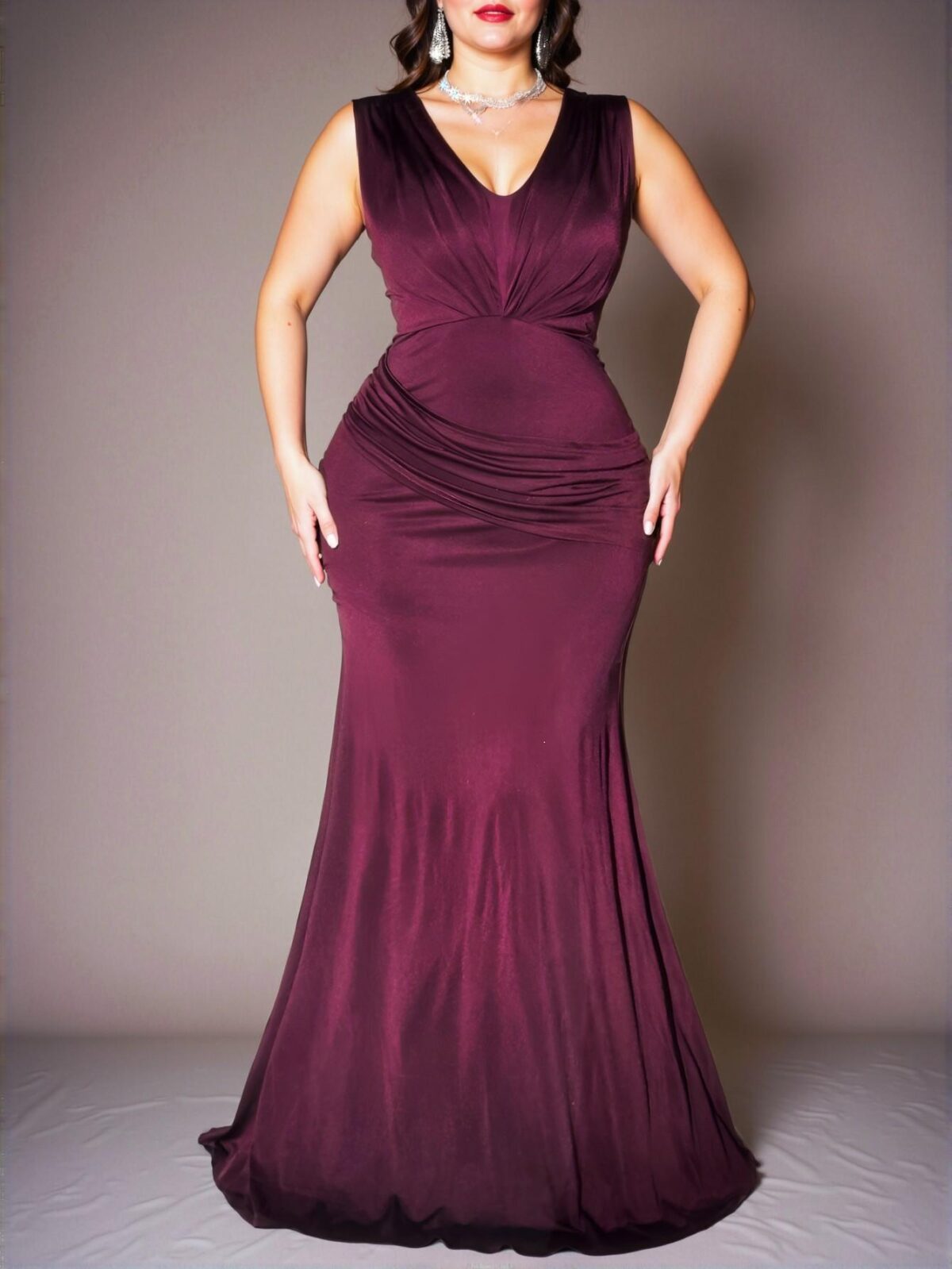 Elegant Purple Stylish Plus Size V-Neck Sleeveless Ruffle Bodycon Dress Chic, Classy and Trendy Fashion Style to Dress to Impress - Image 3