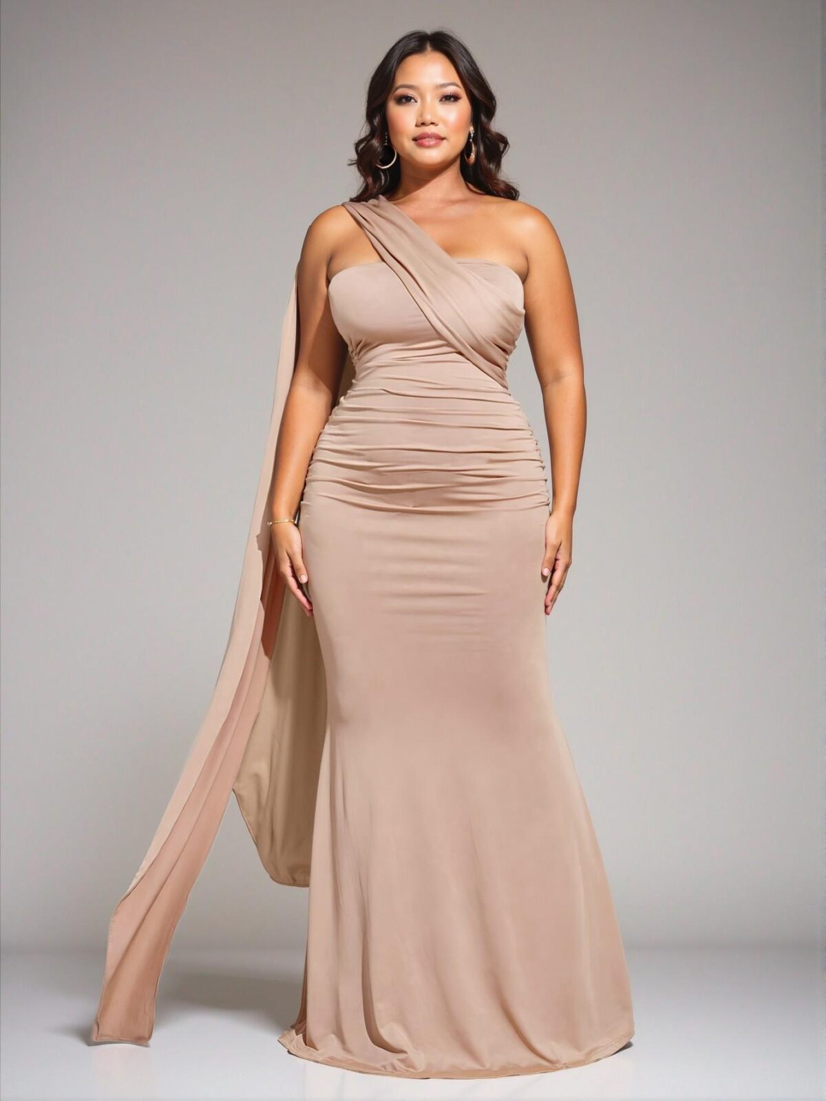 Elegant Apricot Stylish Ruched Mermaid Dress with Halter Neckline for Chic, Classy, and Trendy Fashion Style to Dress to Impress