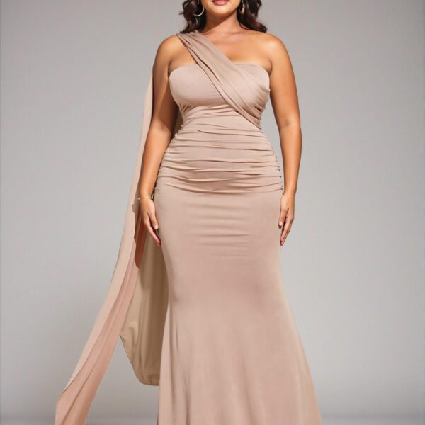 Elegant Apricot Stylish Ruched Mermaid Dress with Halter Neckline for Chic, Classy, and Trendy Fashion Style to Dress to Impress