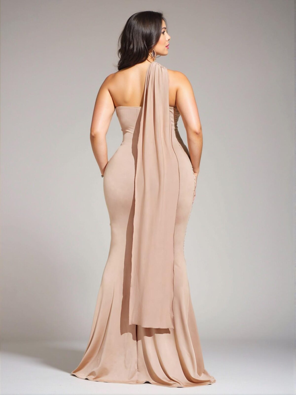 Elegant Apricot Stylish Ruched Mermaid Dress with Halter Neckline for Chic, Classy, and Trendy Fashion Style to Dress to Impress - Image 2