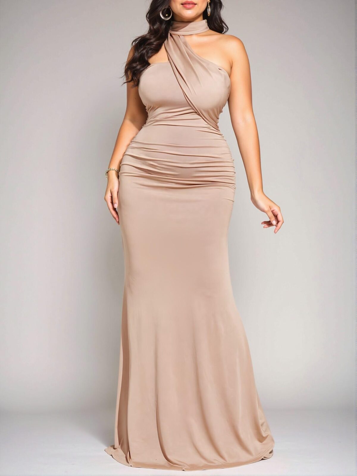 Elegant Apricot Stylish Ruched Mermaid Dress with Halter Neckline for Chic, Classy, and Trendy Fashion Style to Dress to Impress - Image 5