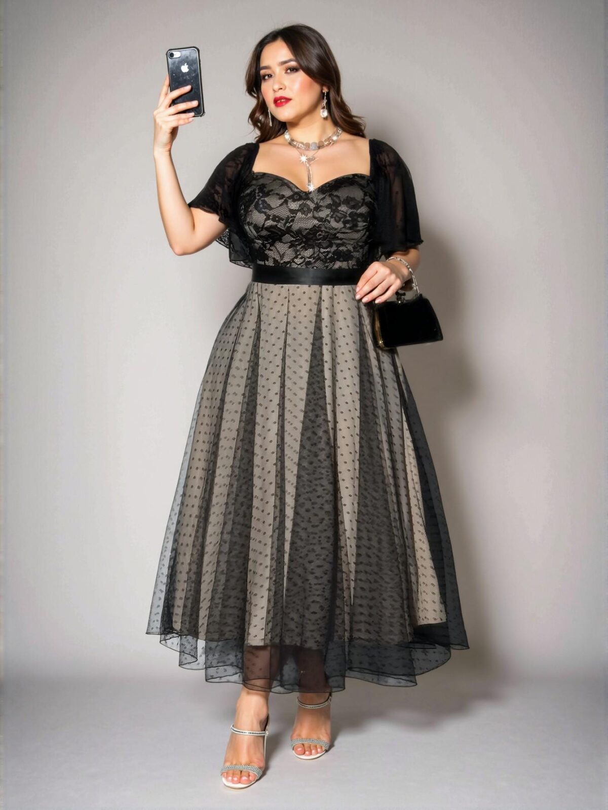 Elegant Black Romantic Plus Size Party Lace Ruffle Sleeve Polka Dot Mesh Overlay Dress Chic, Classy and Trendy Fashion Style to Dress to Impress