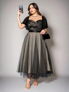 Elegant Black Romantic Plus Size Party Lace Ruffle Sleeve Polka Dot Mesh Overlay Dress Chic, Classy and Trendy Fashion Style to Dress to Impress
